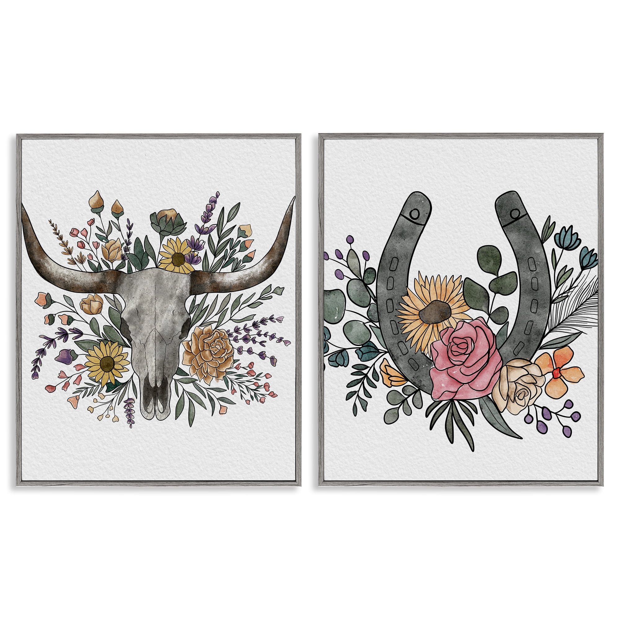 Stupell Industries Boho Longhorn & Horseshoe 2 Piece Gray Framed Giclee Art Set, design by Alisha Kiara Design