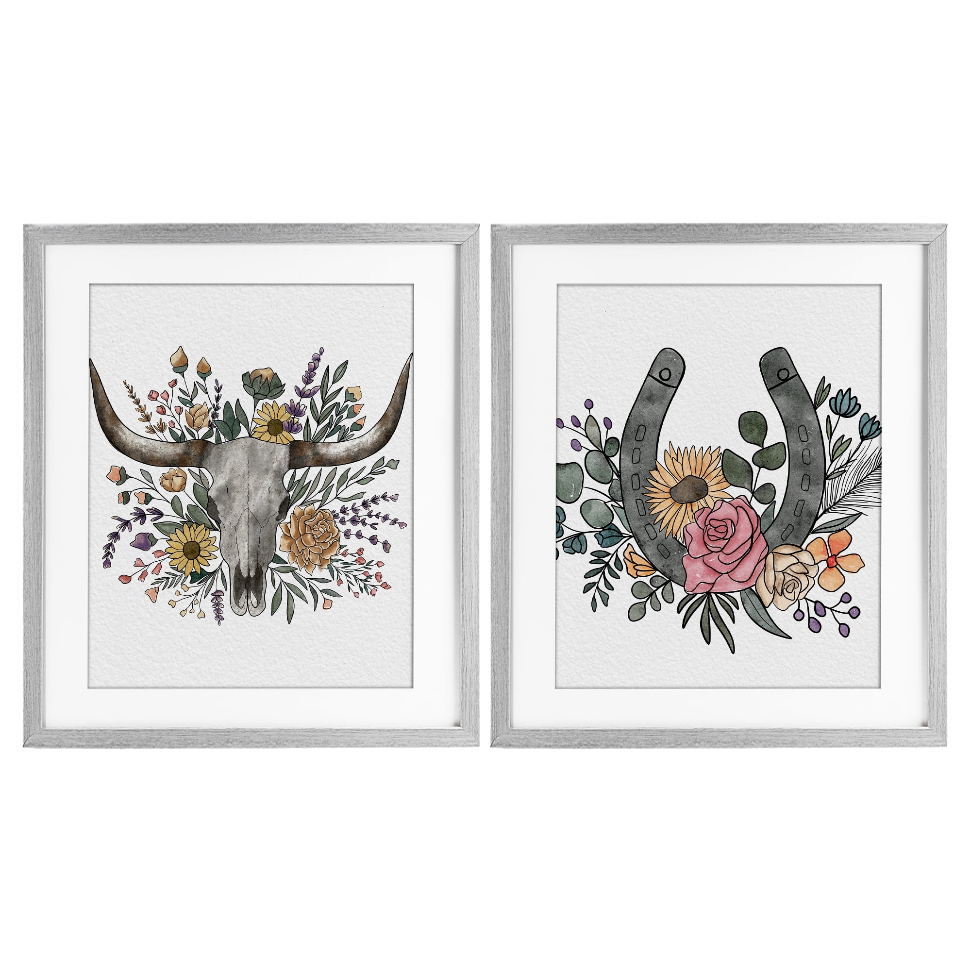 Stupell Industries Boho Longhorn & Horseshoe 2 Piece Gray Framed Print Under Glass Set, design by Alisha Kiara Design
