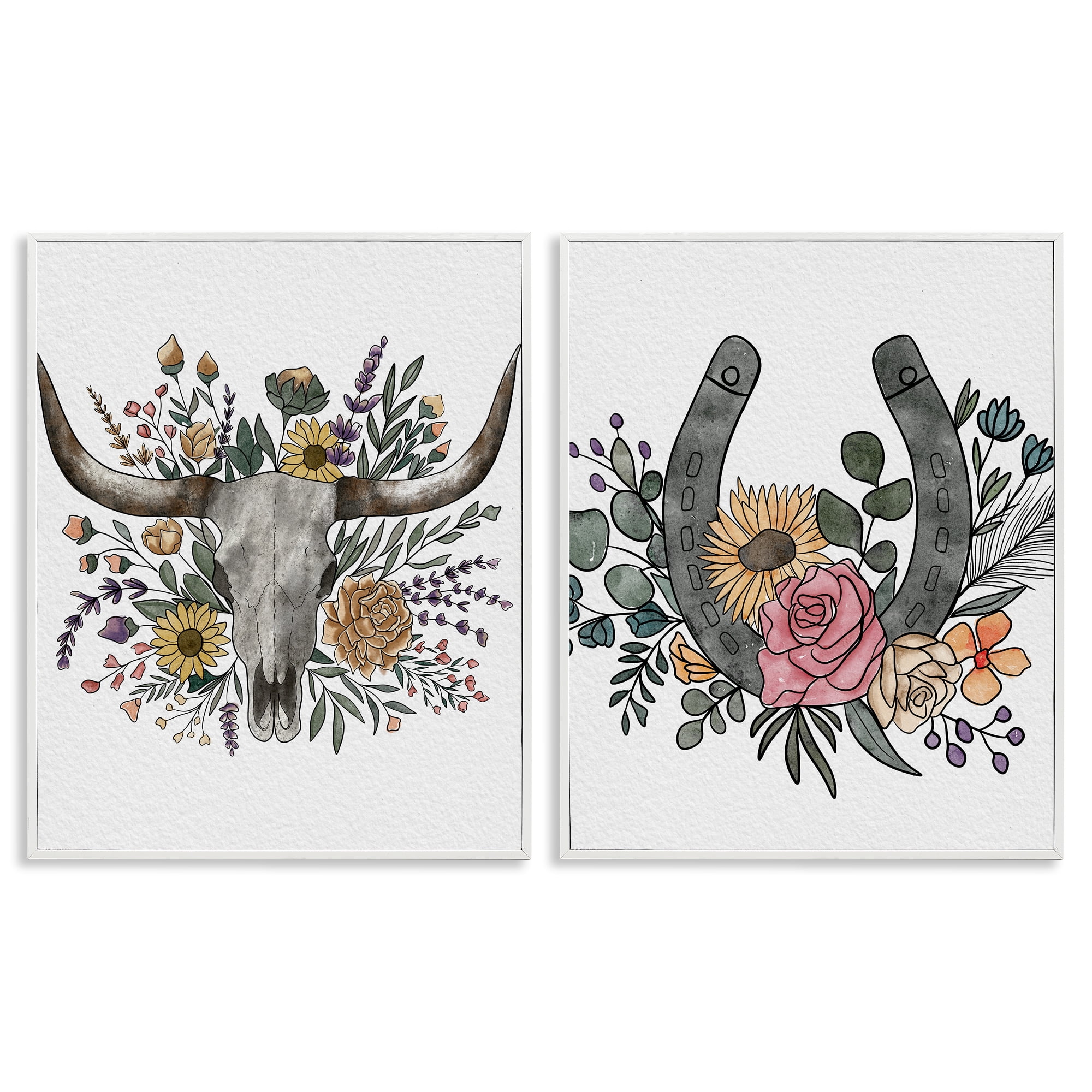Stupell Industries Boho Longhorn & Horseshoe 2 Piece White Framed Giclee Art Set, design by Alisha Kiara Design