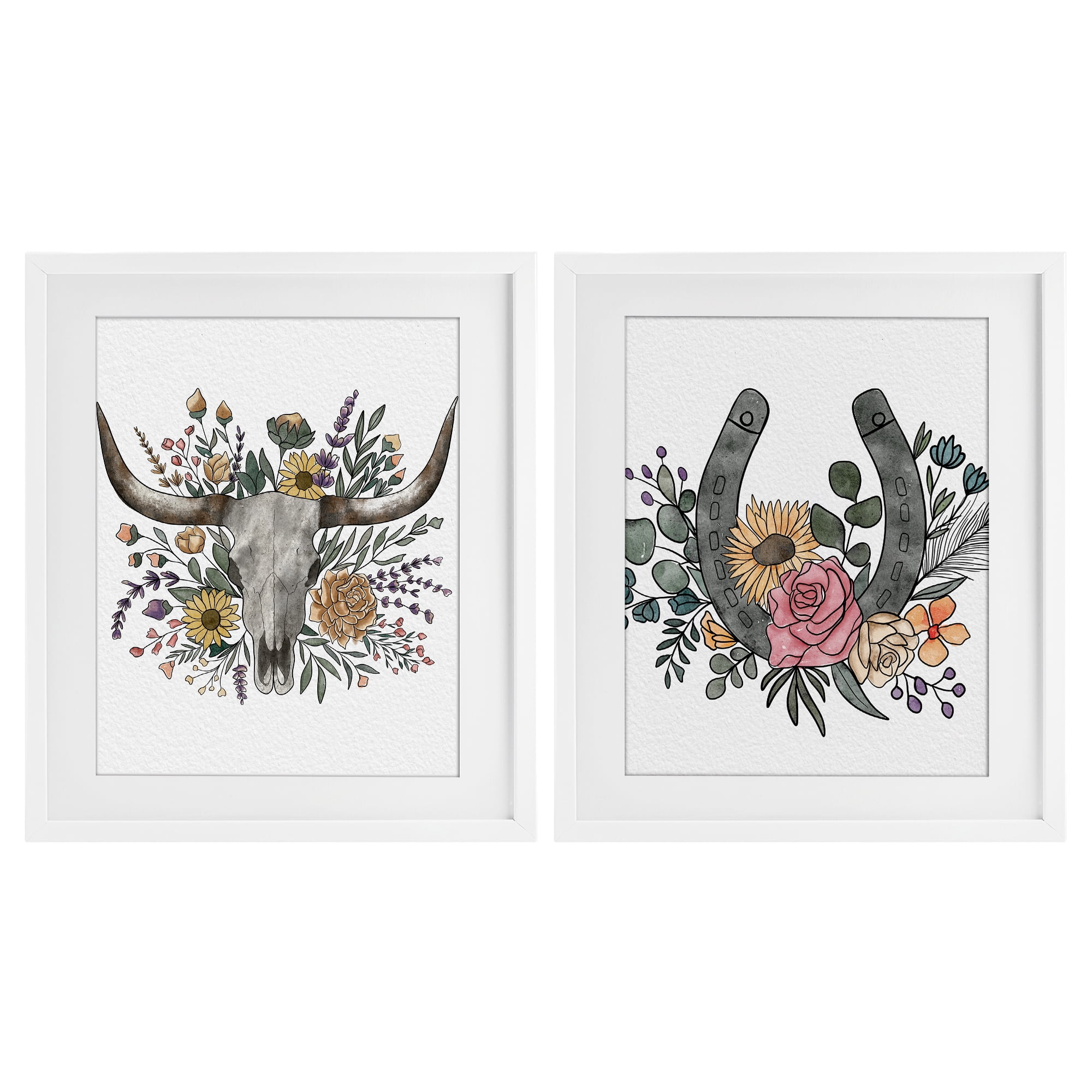 Stupell Industries Boho Longhorn & Horseshoe 2 Piece White Framed Print Under Glass Set, design by Alisha Kiara Design