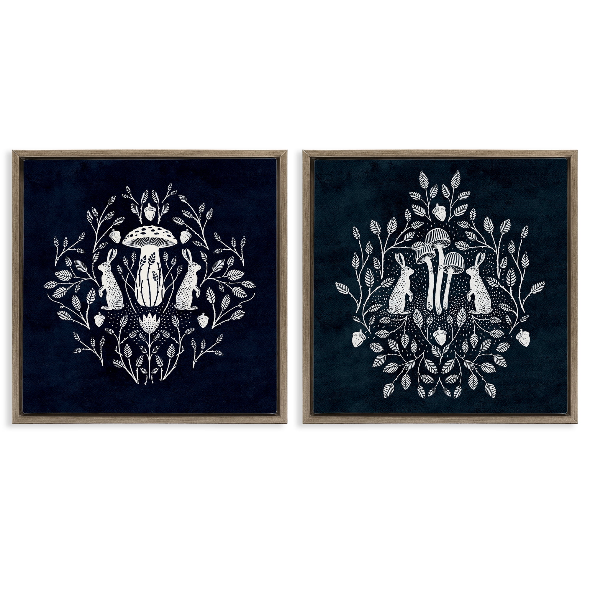 Stupell Industries Boho Mirrored Floral Bunnies Animals Painting Brown Floater Framed Canvas Art Print Wall Art, 18 x 18, Set of 2