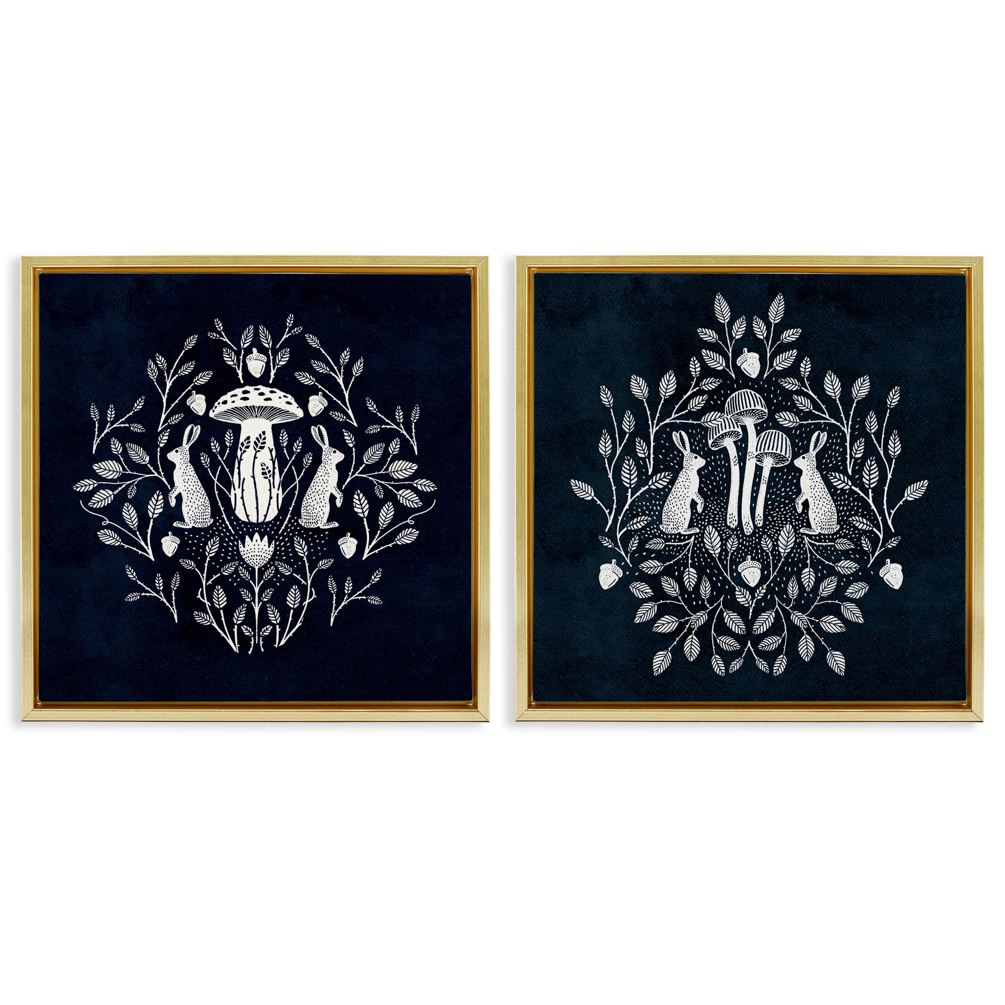 Stupell Industries Boho Mirrored Floral Bunnies Animals Painting Gold Floater Framed Canvas Art Print Wall Art, 18 x 18, Set of 2