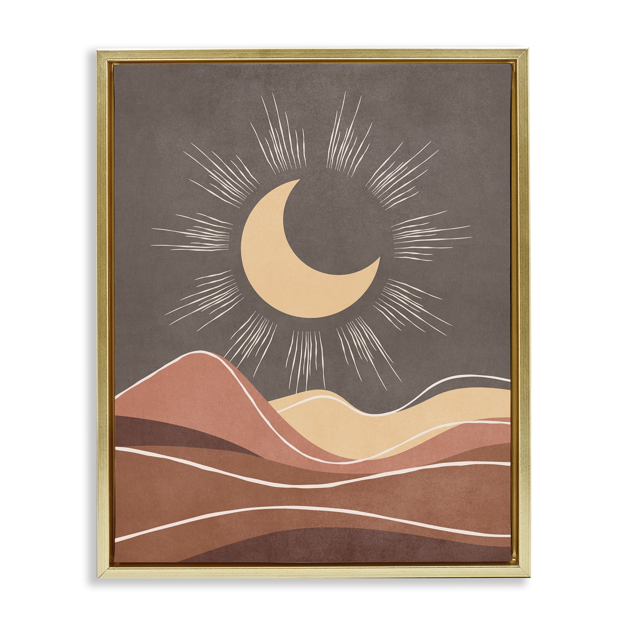 Stupell Industries Boho Moon over Desert Landscape & Nature Painting Gold Floater Framed Canvas Art Print Wall Art, 25 x 31