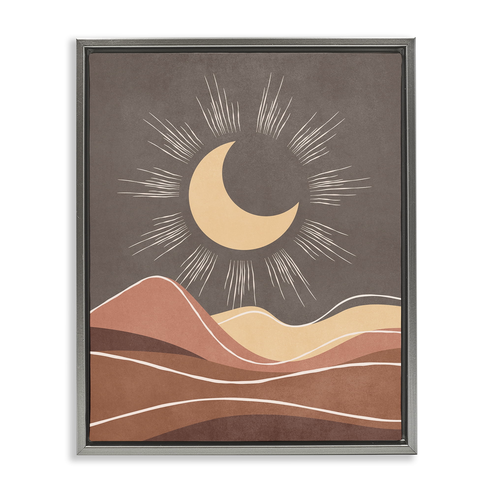 Stupell Industries Boho Moon over Desert Landscape & Nature Painting Gray Floater Framed Canvas Art Print Wall Art, 25 x 31