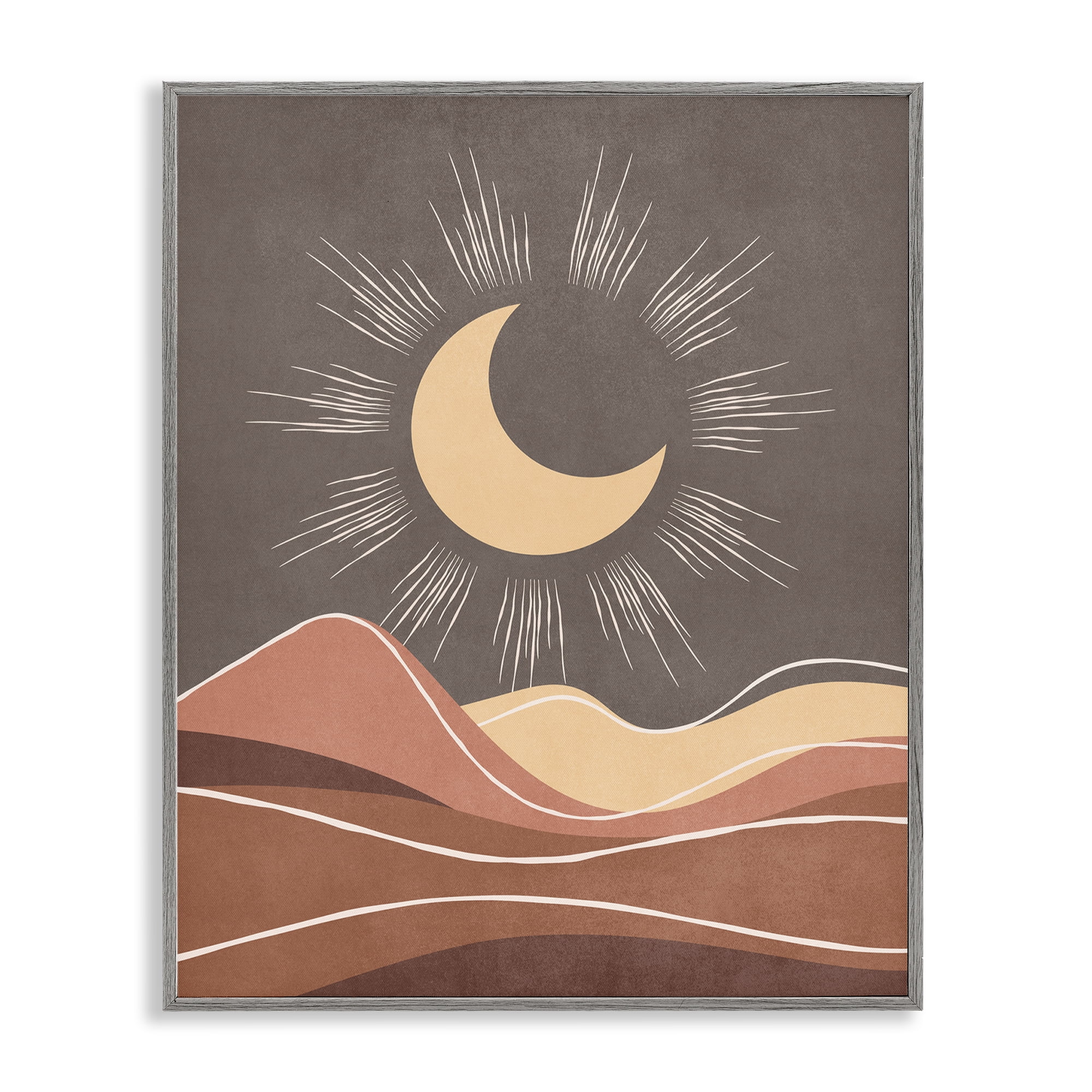 Stupell Industries Boho Moon over Desert Landscape & Nature Painting Gray Framed Art Print Wall Art, 16 x 20