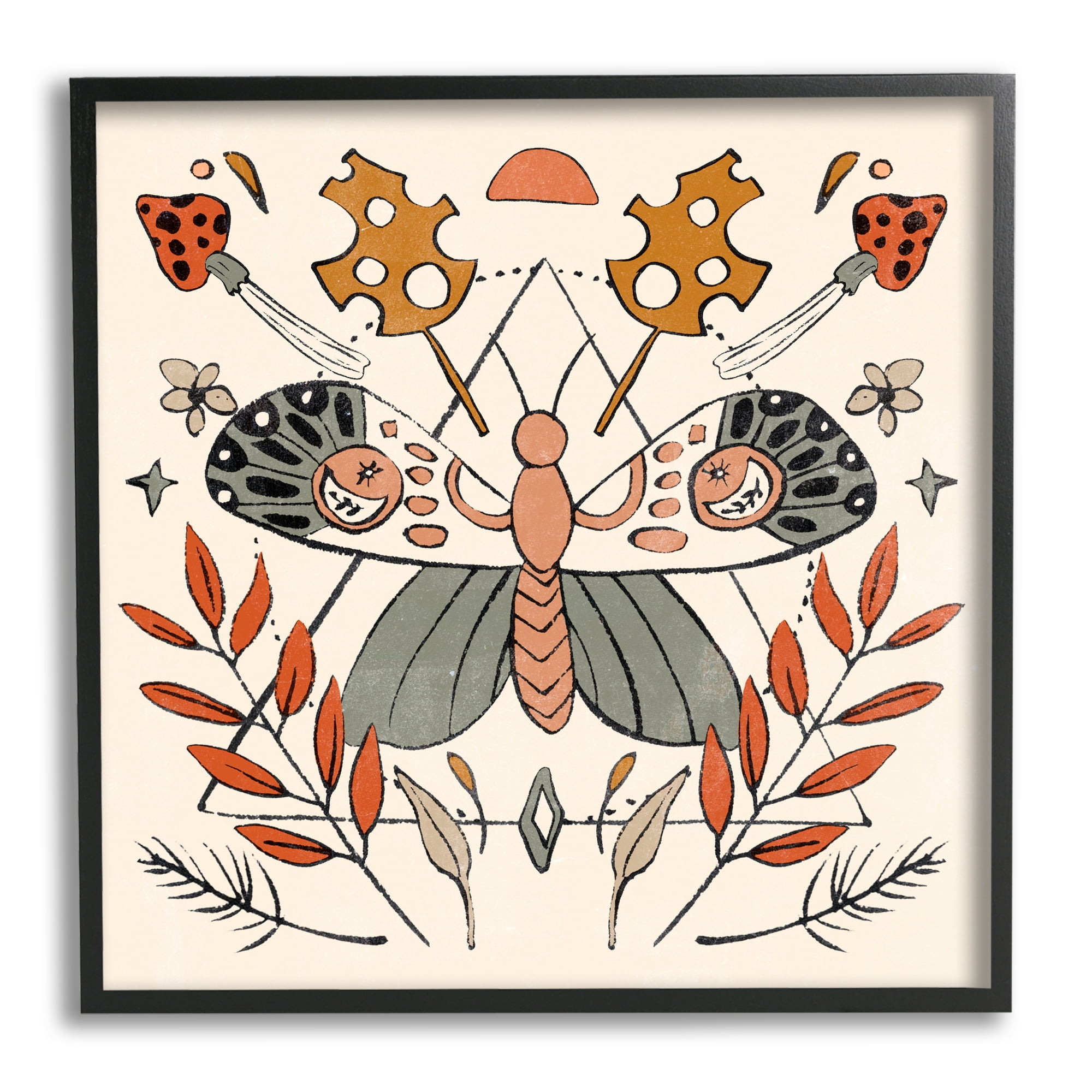 Stupell Industries Boho Moth & Plant Sprigs Animals & Insects Painting Black Framed Art Print Wall Art, 12 x 12
