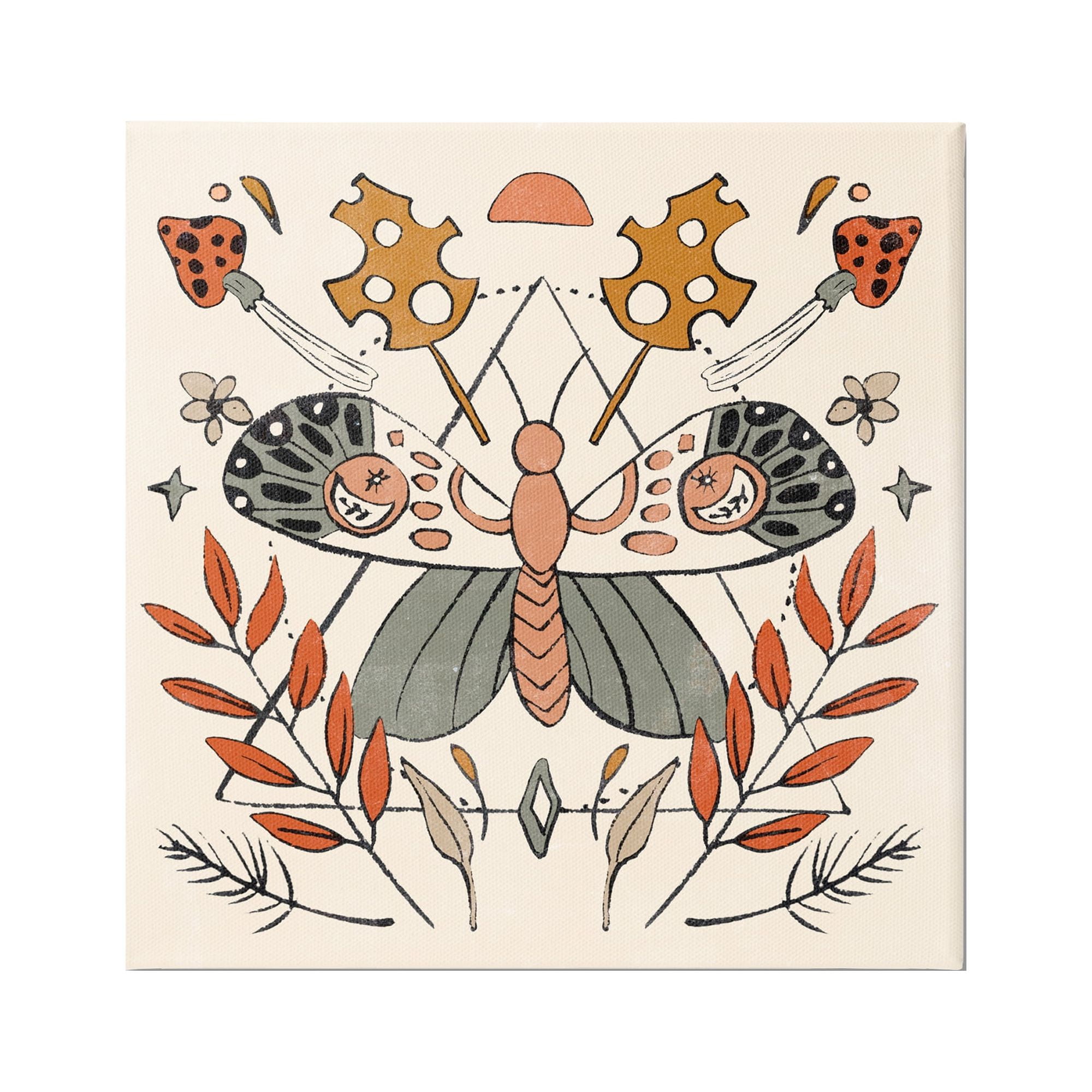 Boho Moth and Plant Sprigs Canvas Wall Art, 17 x 17