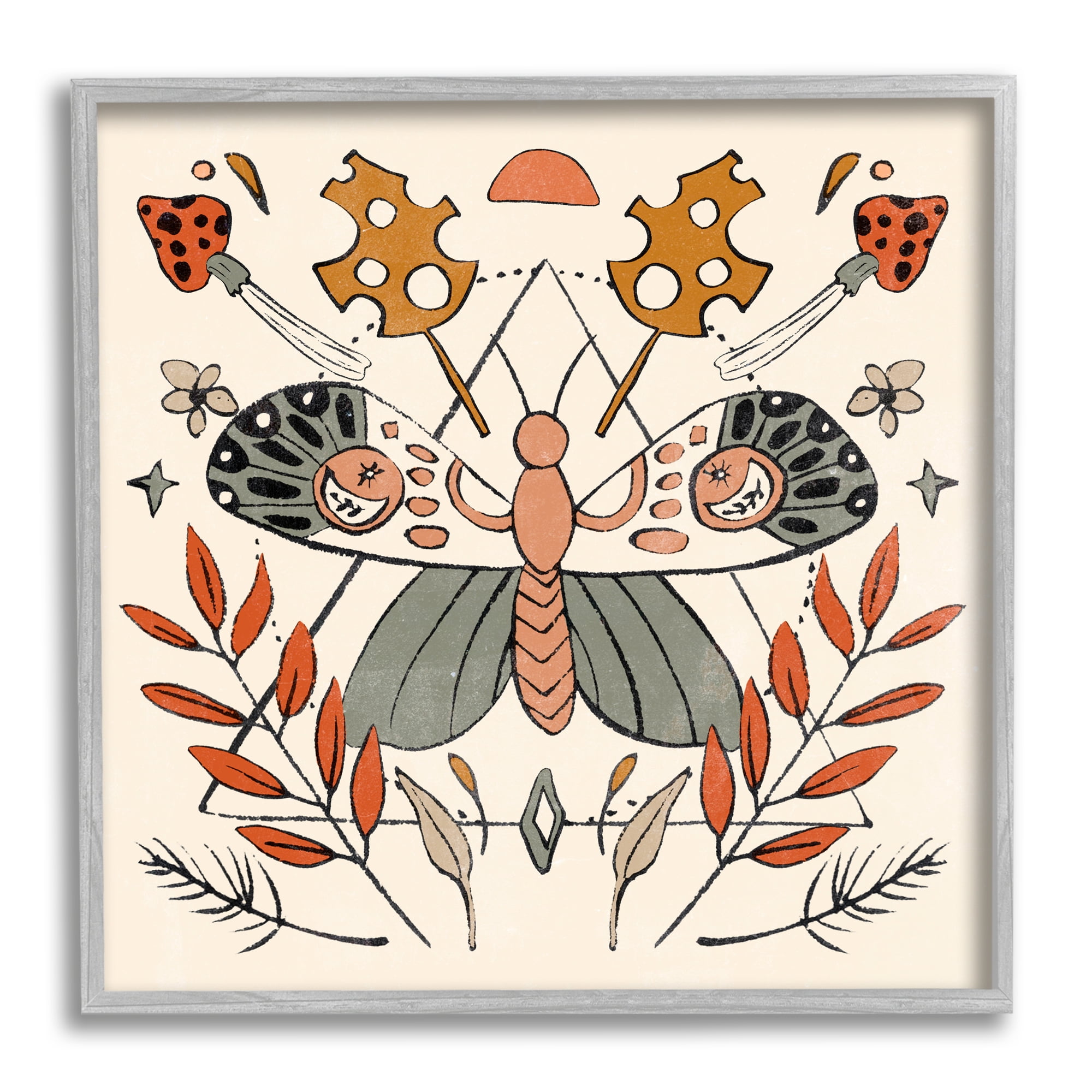Stupell Industries Boho Moth & Plant Sprigs Animals & Insects Painting Gray Framed Art Print Wall Art, 12 x 12