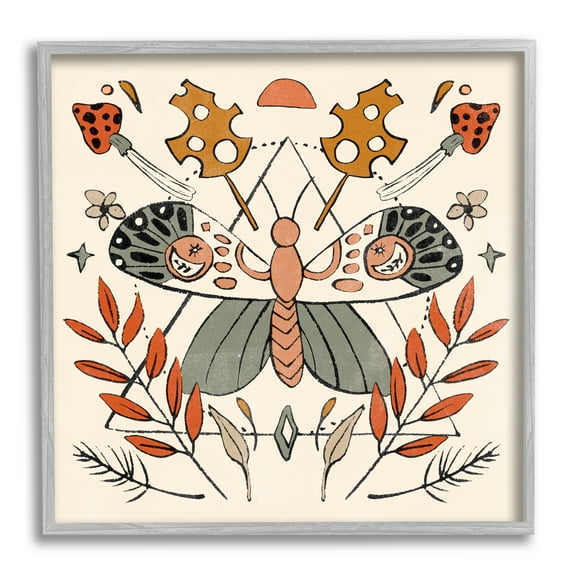 Stupell Industries Boho Moth & Plant Sprigs Animals & Insects Painting Gray Framed Art Print Wall Art, 12 x 12