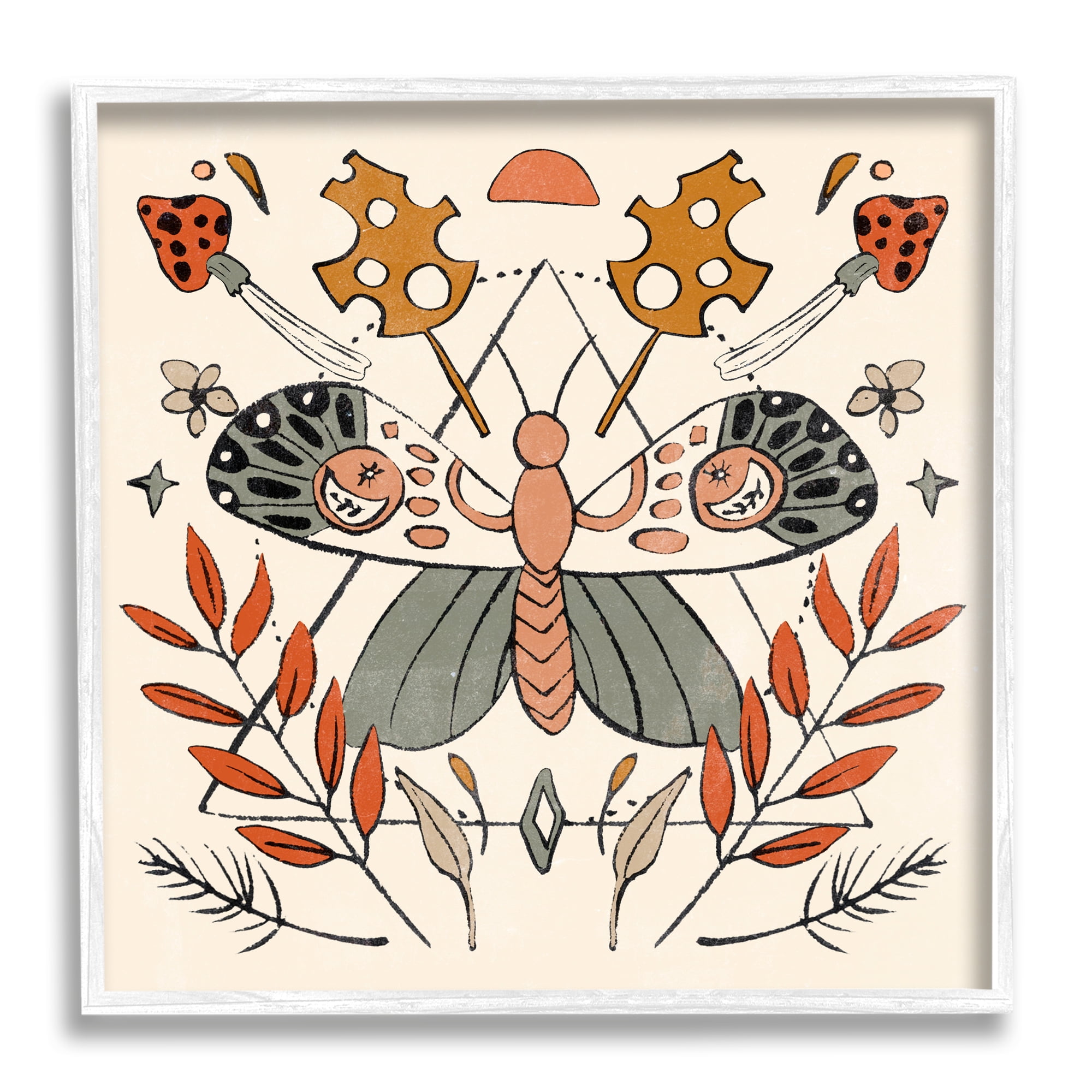 Stupell Industries Boho Moth & Plant Sprigs Animals & Insects Painting White Framed Art Print Wall Art, 12 x 12