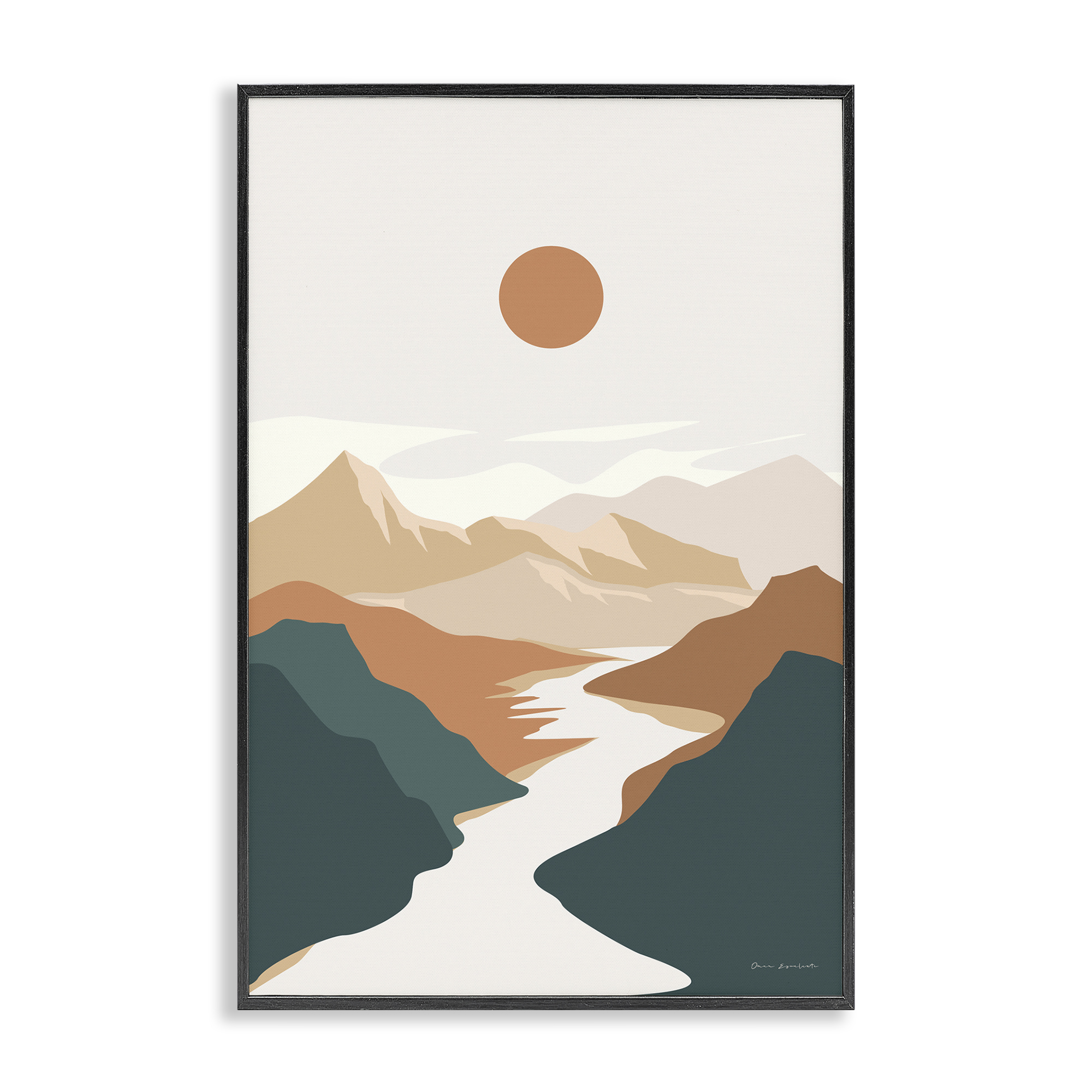 Stupell Industries Boho Mountain Valley Landscape & Nature Painting Black Framed Art Print Wall Art, 20 x 30