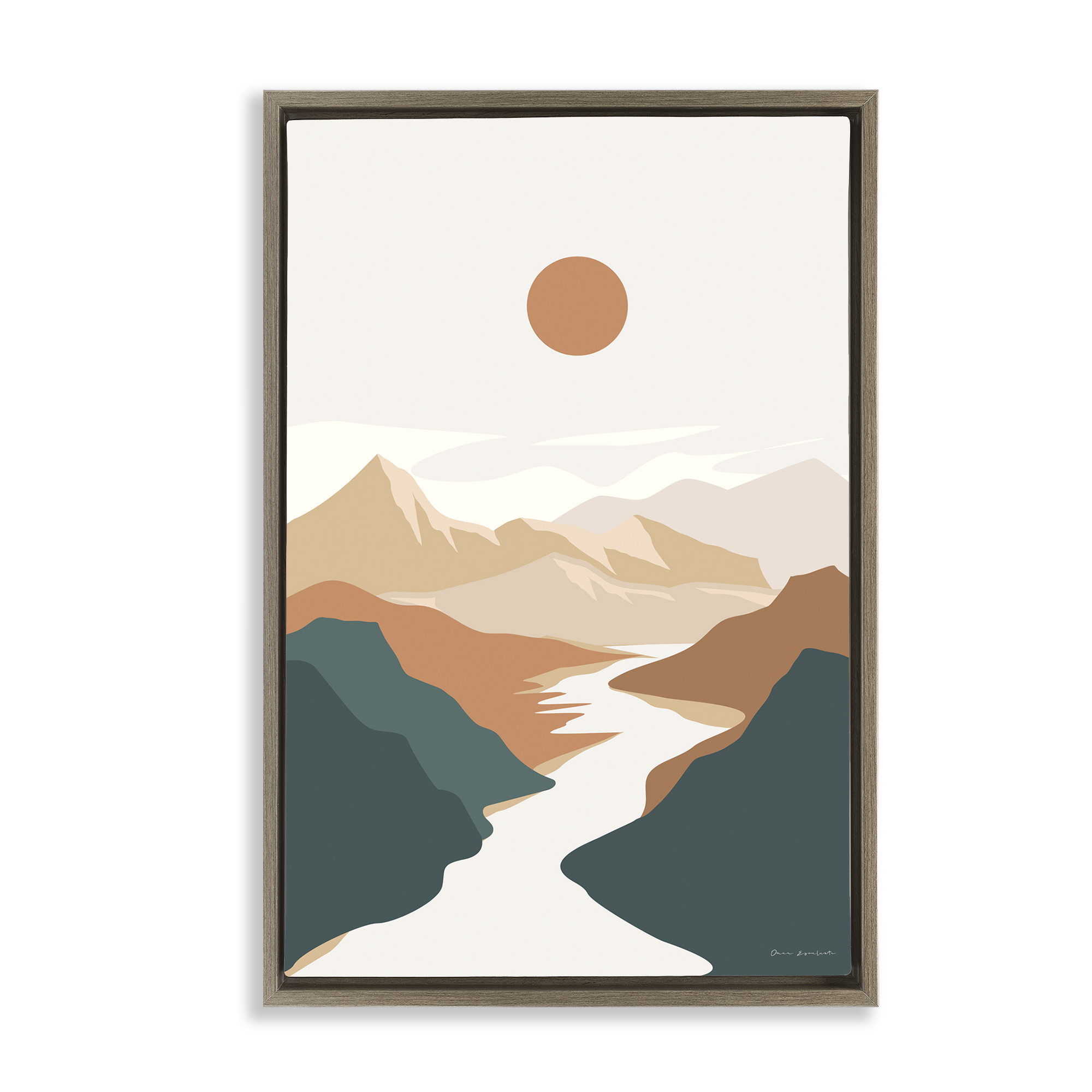 Stupell Industries Boho Mountain Valley Landscape & Nature Painting Brown Floater Framed Canvas Art Print Wall Art, 21 x 31