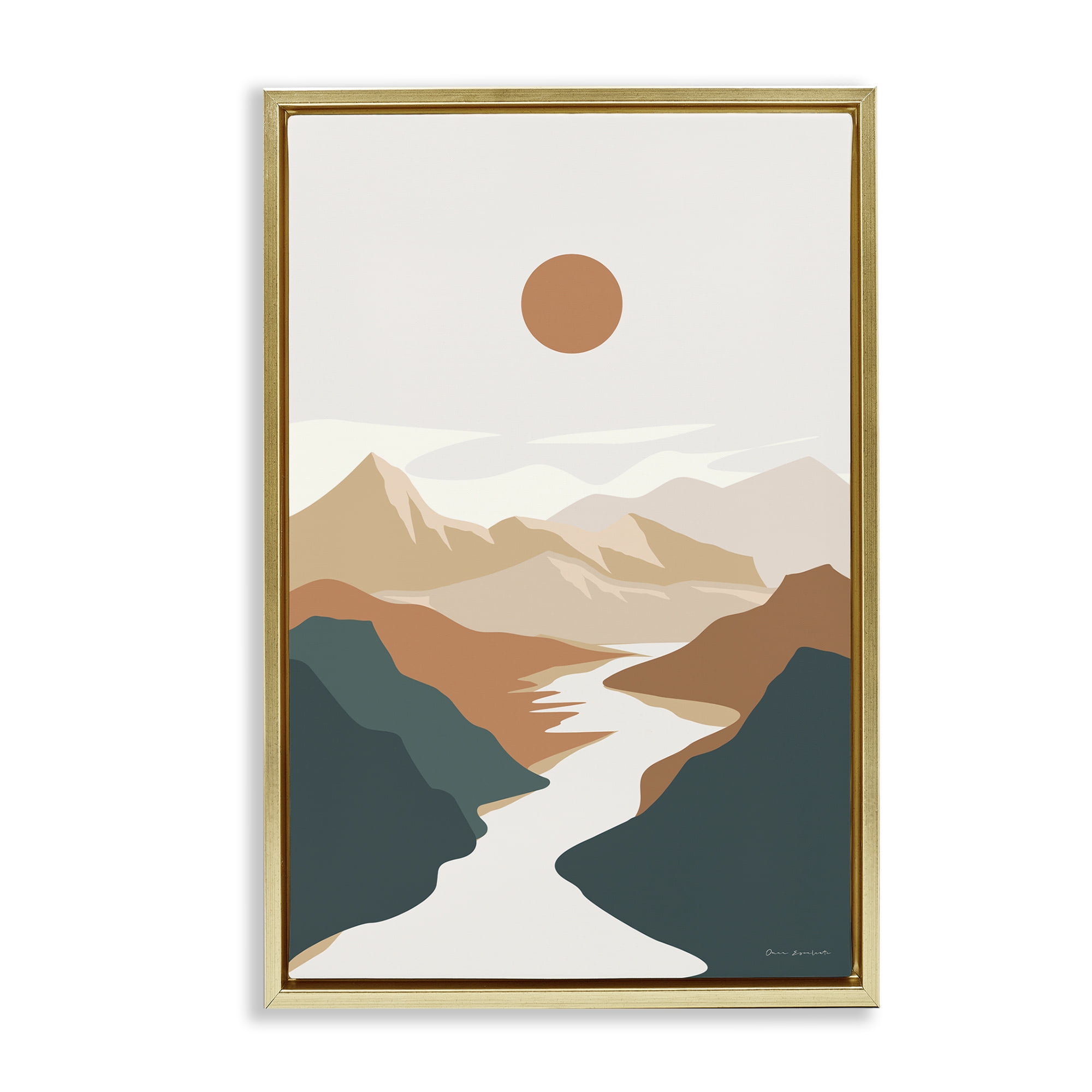 Stupell Industries Boho Mountain Valley Landscape & Nature Painting Gold Floater Framed Canvas Art Print Wall Art, 17 x 25