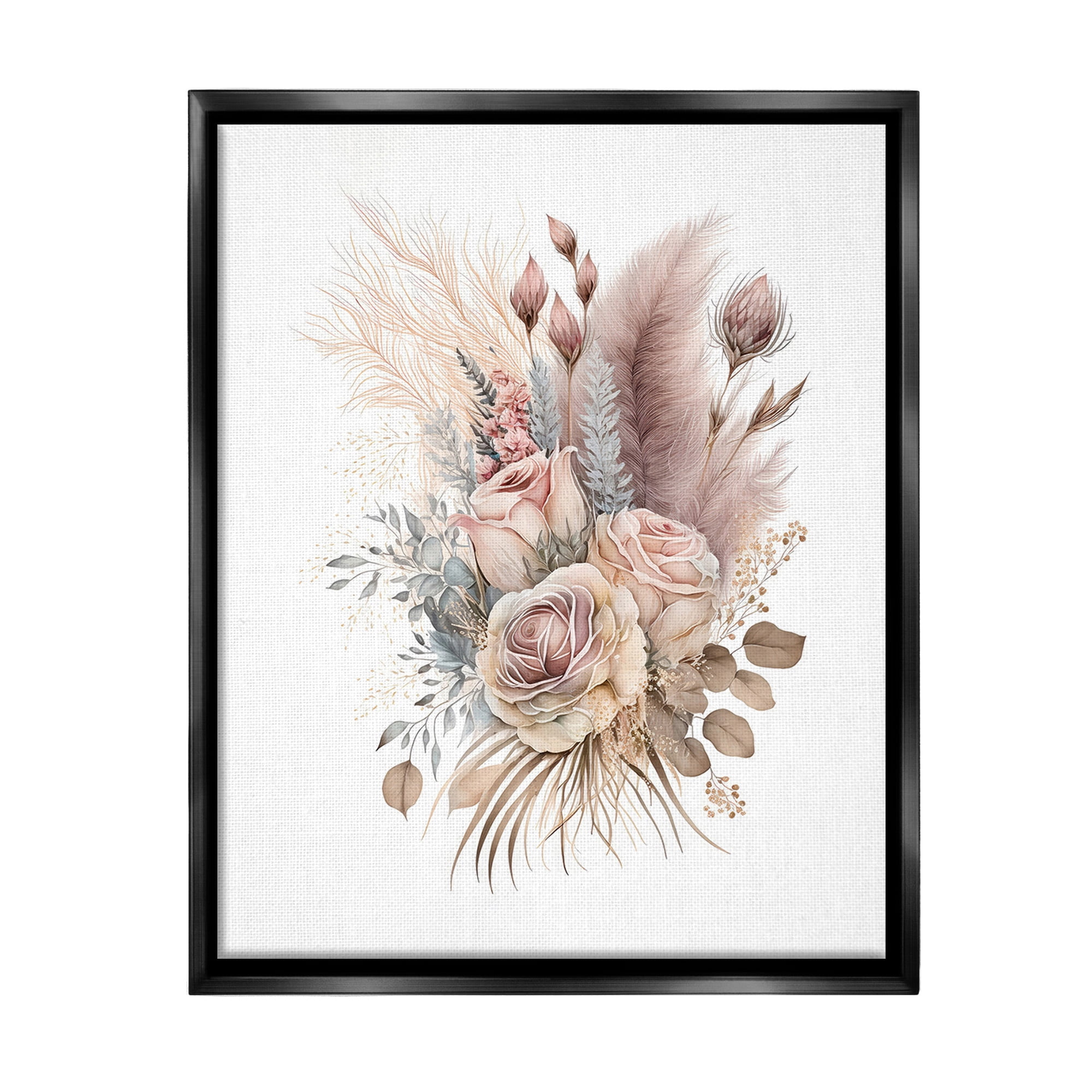 Stupell Industries Boho Neutral Roses Botanical & Floral Painting Black Floater Framed Canvas Art Print Wall Art, 17 x 21