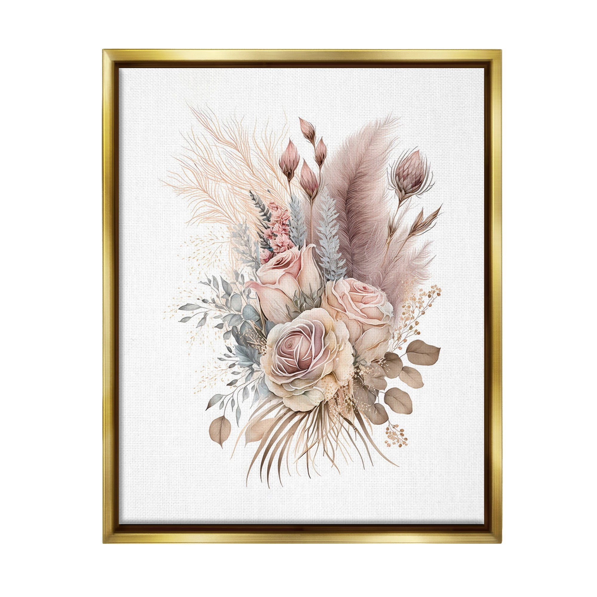 Stupell Industries Boho Neutral Roses Botanical & Floral Painting Gold Floater Framed Canvas Art Print Wall Art, 17 x 21