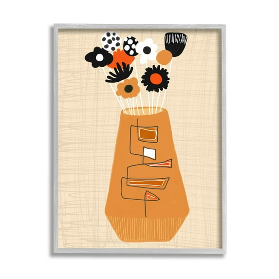 Stupell Industries Boho Orange Flower Vase Botanical & Floral Painting Gray Framed Art Print Wall Art, 16 x 20