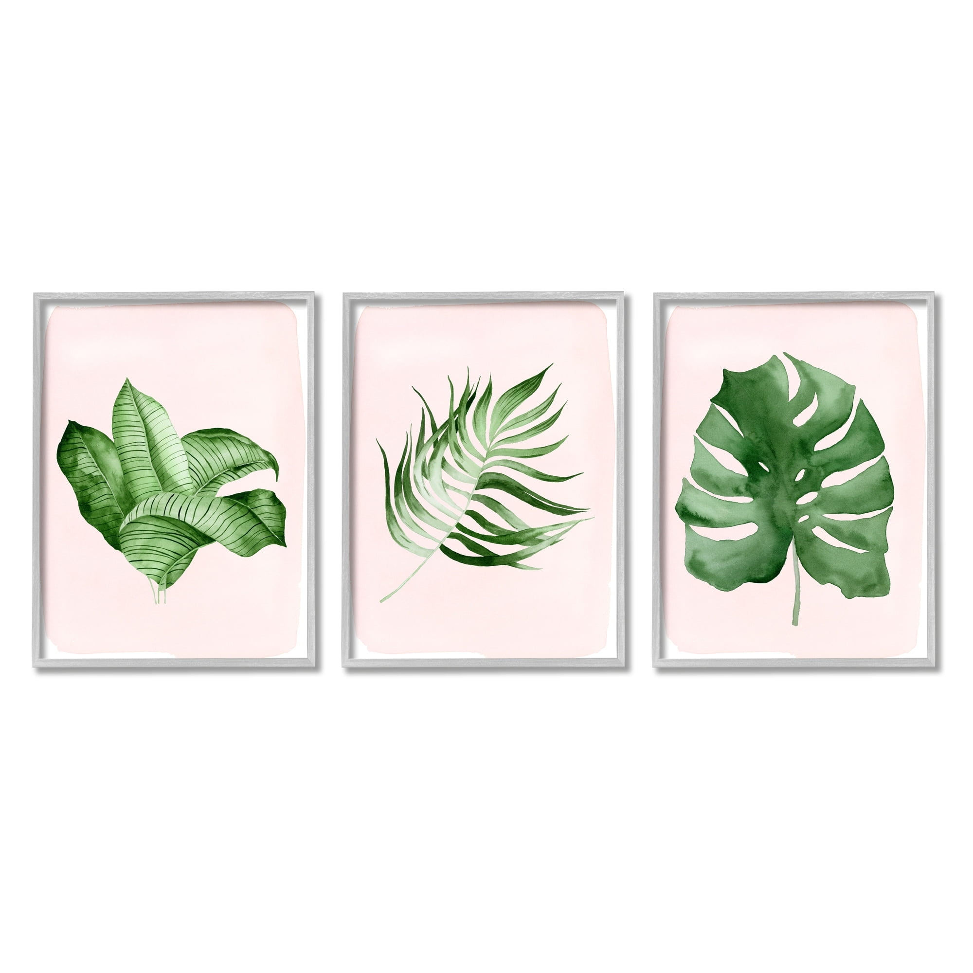 Stupell Industries Boho Palm Leaves over Pink Modern Tropical Plants Graphic Art Gray Framed Art Print Wall Art Set of 3, 16x20, by Lettered and Lined