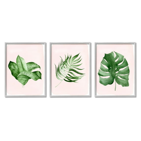 Stupell Industries Boho Palm Leaves over Pink Modern Tropical Plants Graphic Art Gray Framed Art Print Wall Art Set of 3, 11x14, by Lettered and Lined