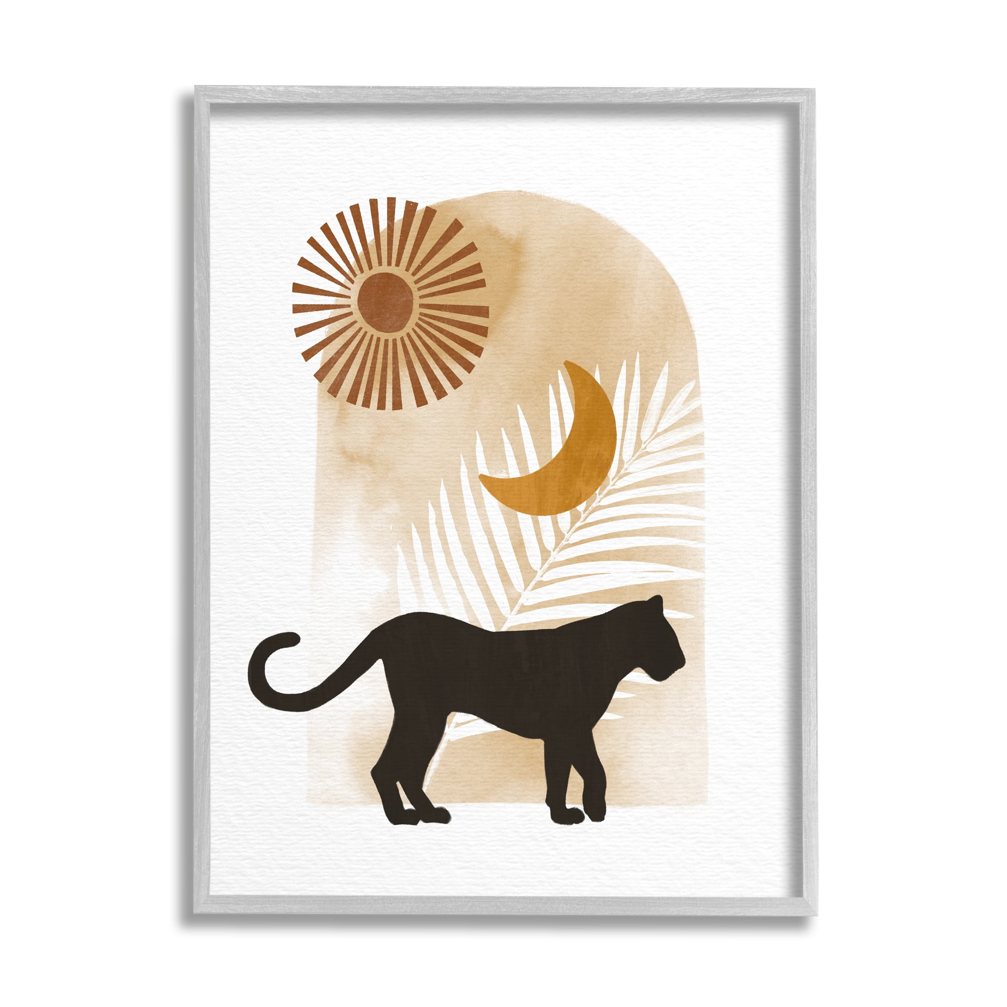 Stupell Industries Boho Panther Silhouette Lunar Solar Botanical Leaf Graphic Art Gray Framed Art Print Wall Art, Design by Ziwei Li
