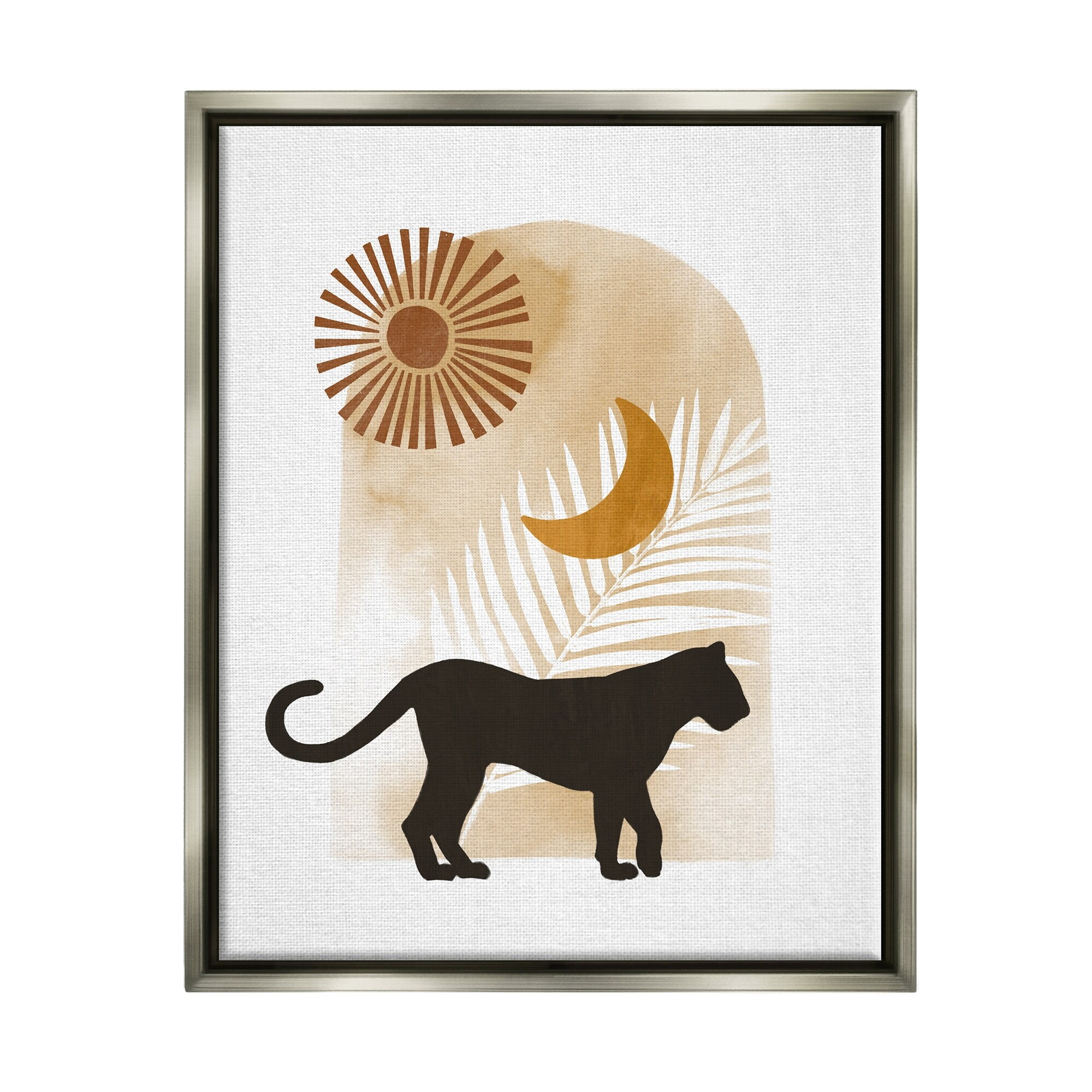 Stupell Industries Boho Panther Silhouette Lunar Solar Botanical Leaf Graphic Art Luster Gray Floating Framed Canvas Print Wall Art, Design by Ziwei Li