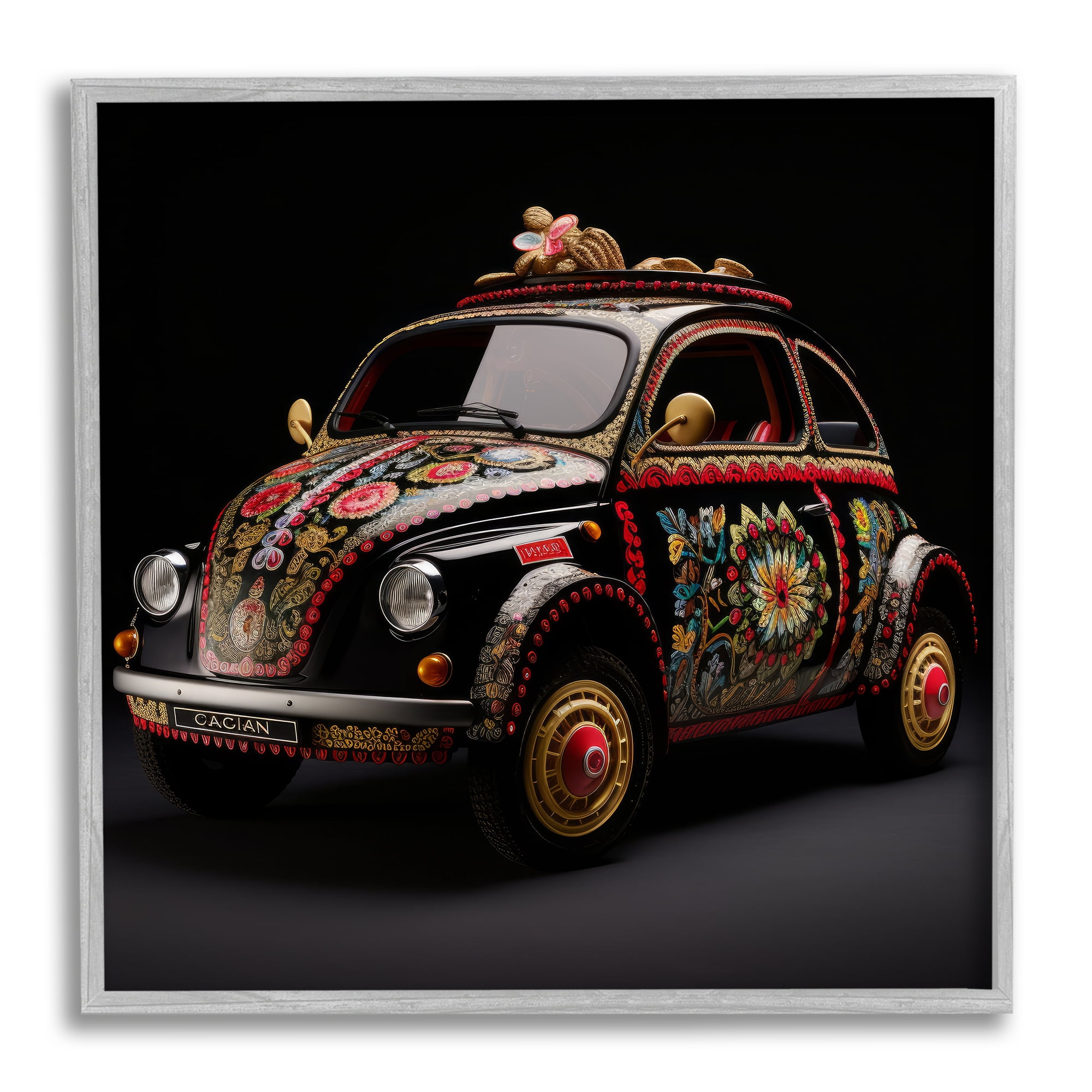 Stupell Industries Boho Pattern Antique Car Transportation Painting Gray Framed Art Print Wall Art, 24 x 24