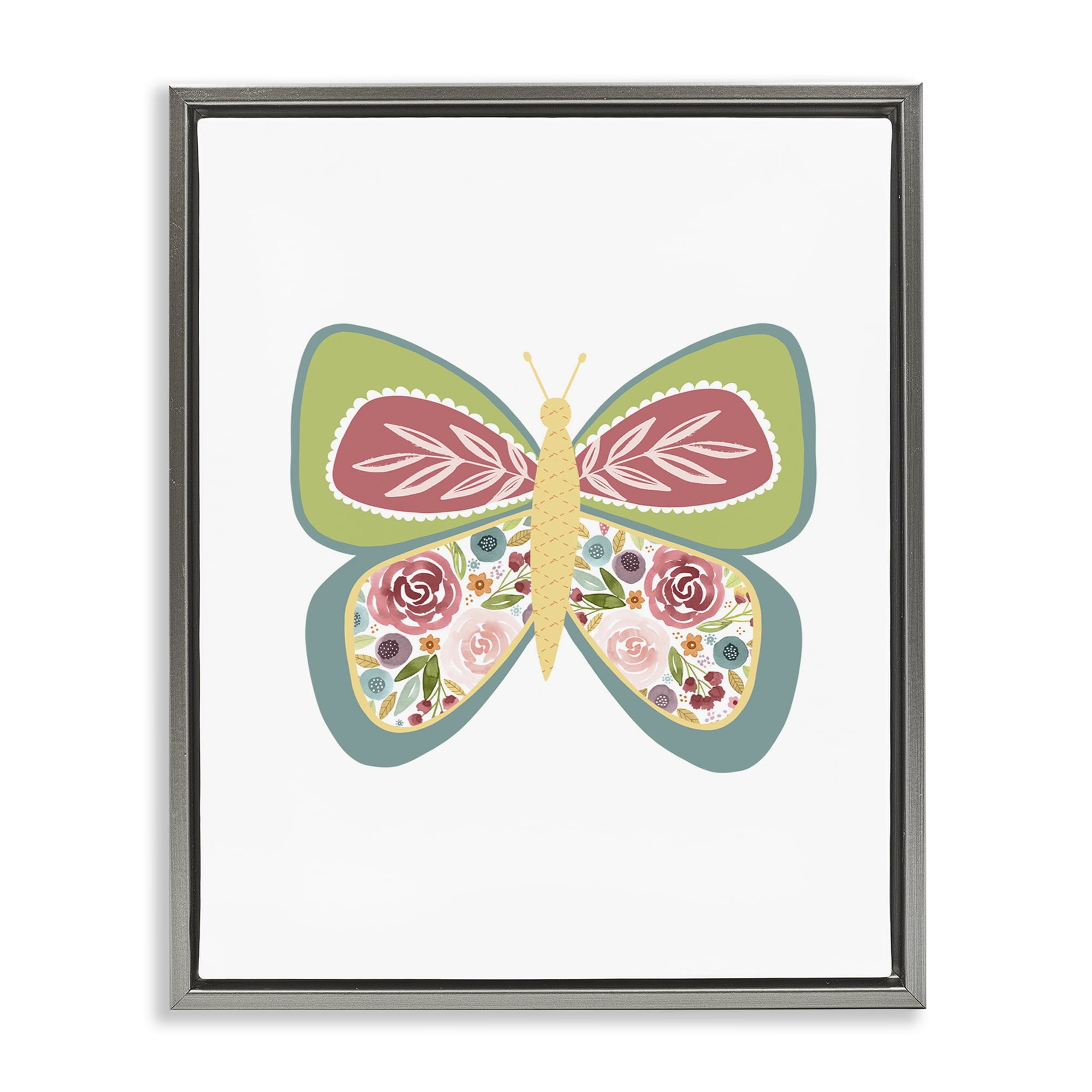 Stupell Industries Boho Pattern Butterfly Animals & Insects Painting Gray Floater Framed Art Print Wall Art, 17 x 21
