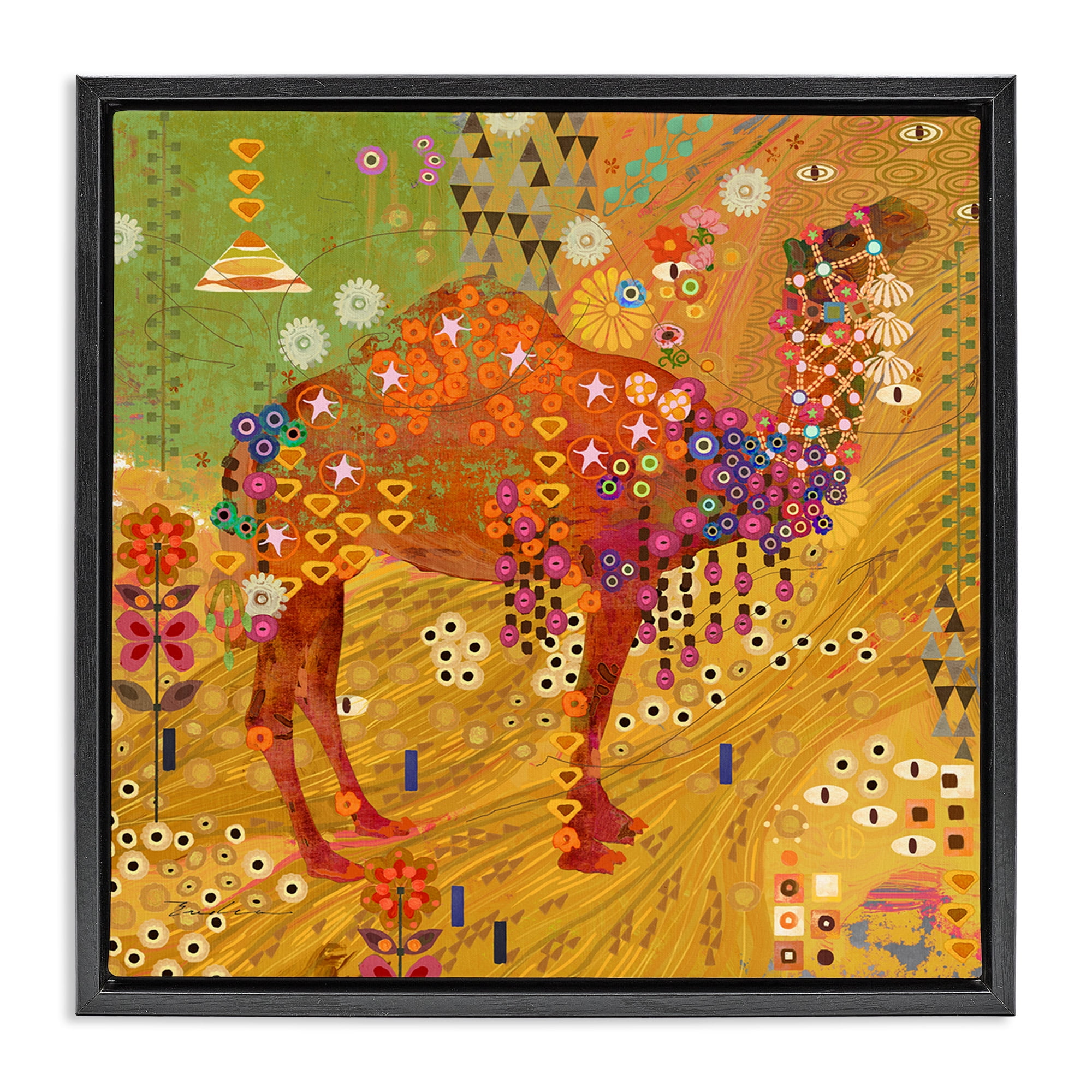 Stupell Industries Boho Patterned Camel Animals & Insects Painting Black Floater Framed Canvas Art Print Wall Art, 25 x 25