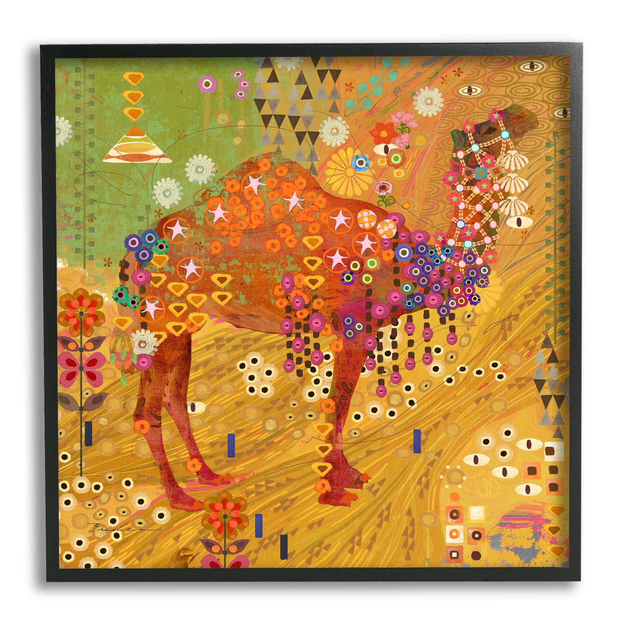 Stupell Industries Boho Patterned Camel Animals & Insects Painting Black Framed Art Print Wall Art, 17 x 17