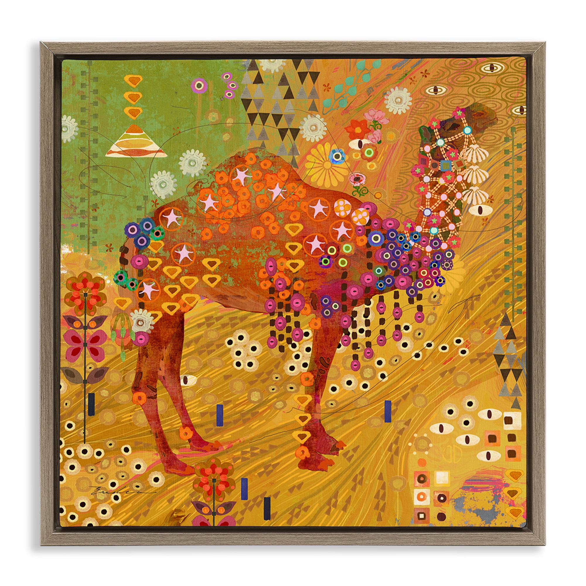 Stupell Industries Boho Patterned Camel Animals & Insects Painting Brown Floater Framed Canvas Art Print Wall Art, 25 x 25