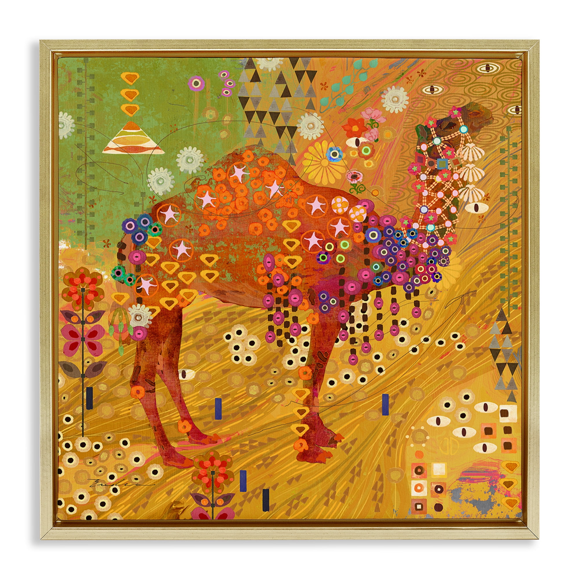 Stupell Industries Boho Patterned Camel Animals & Insects Painting Gold Floater Framed Canvas Art Print Wall Art, 25 x 25