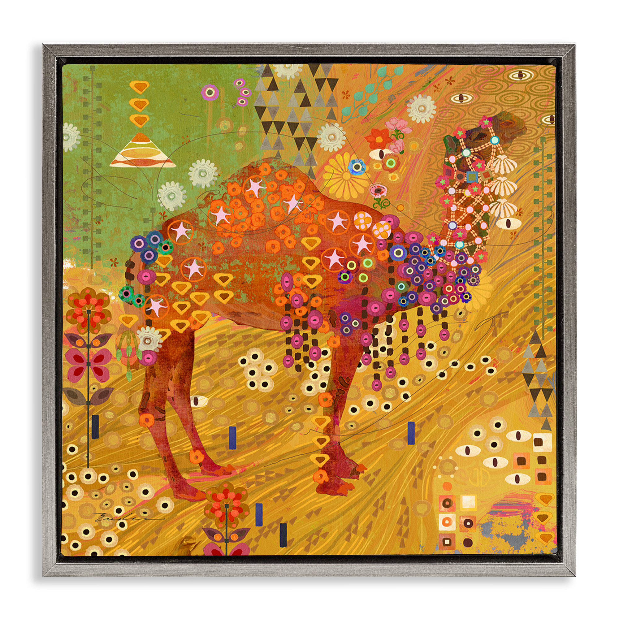 Stupell Industries Boho Patterned Camel Animals & Insects Painting Gray Floater Framed Canvas Art Print Wall Art, 18 x 18
