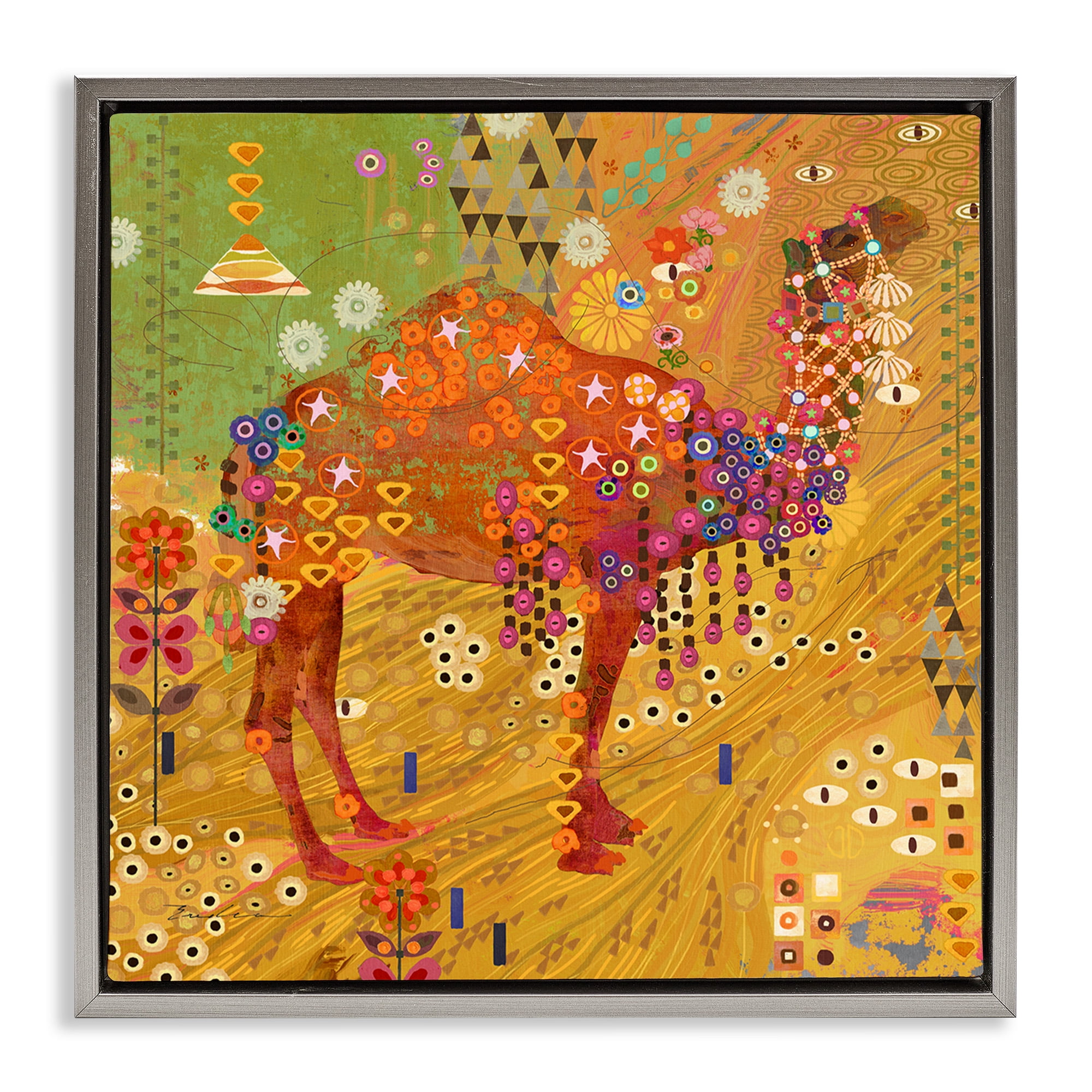 Stupell Industries Boho Patterned Camel Animals & Insects Painting Gray Floater Framed Canvas Art Print Wall Art, 25 x 25