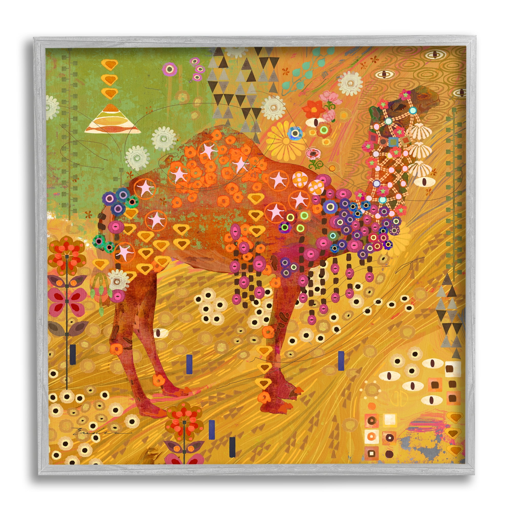 Stupell Industries Boho Patterned Camel Animals & Insects Painting Gray Framed Art Print Wall Art, 24 x 24