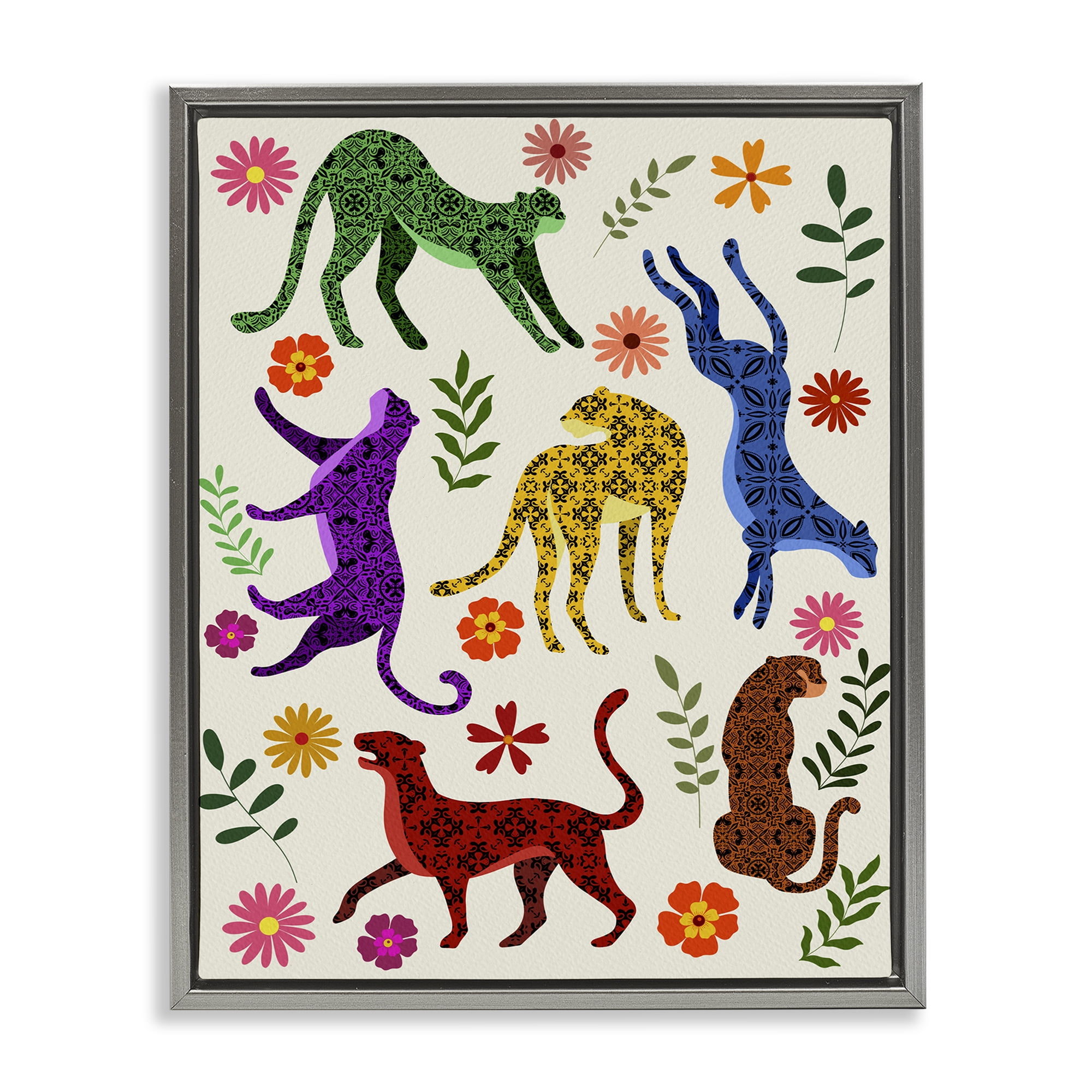 Stupell Industries Boho Patterned Cheetahs Animals & Insects Painting Gray Floater Framed Art Print Wall Art, 25 x 31