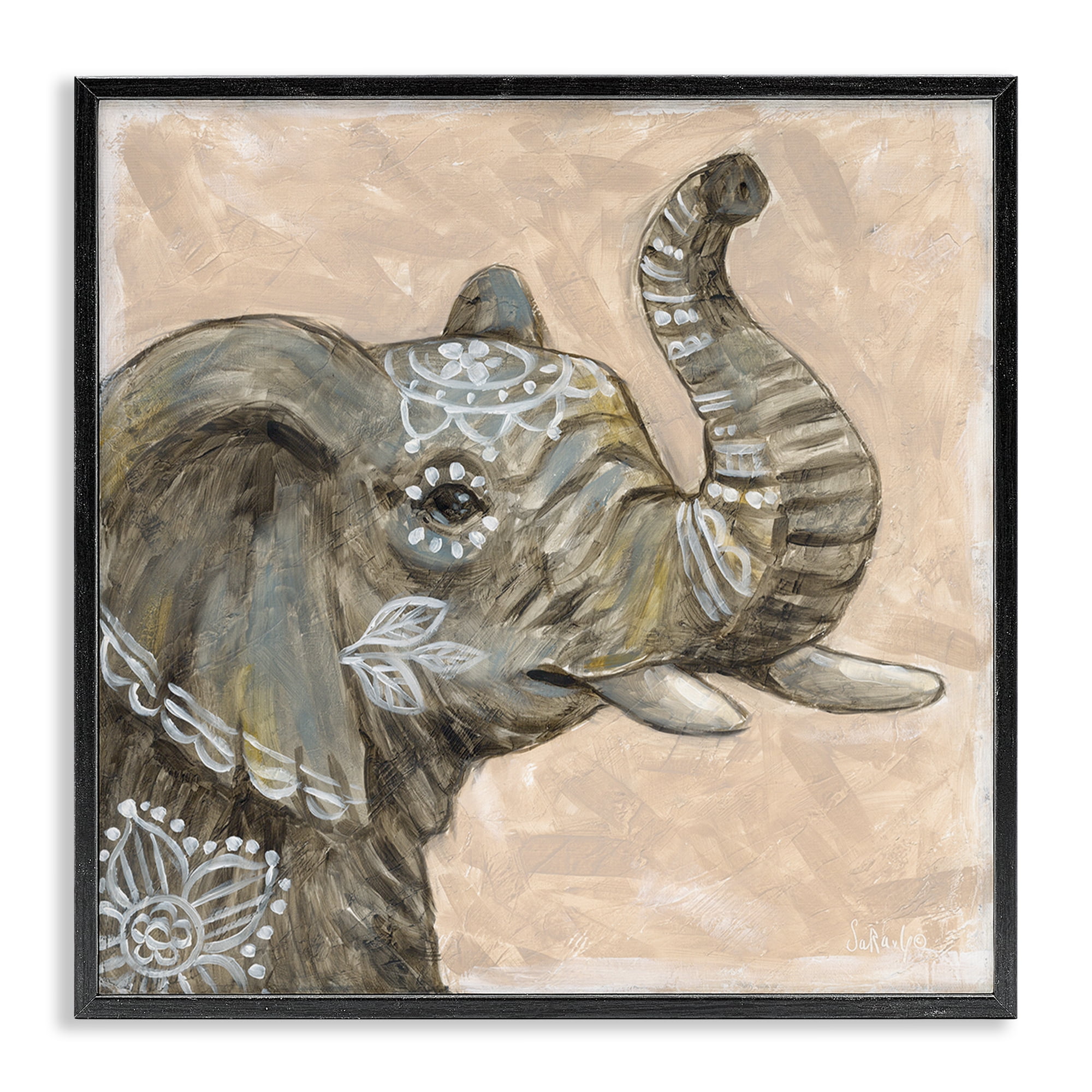 Stupell Industries Boho Patterned Elephant Animals Painting Black Framed Art Print Wall Art, 24 x 24