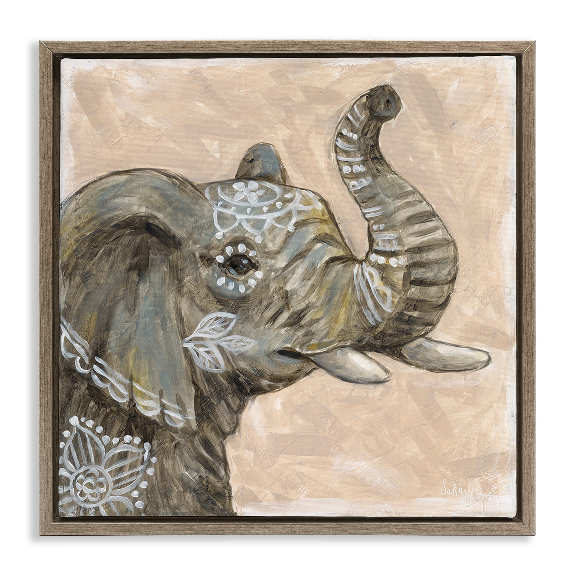 Stupell Industries Boho Patterned Elephant Animals Painting Brown Floater Framed Canvas Art Print Wall Art, 18 x 18