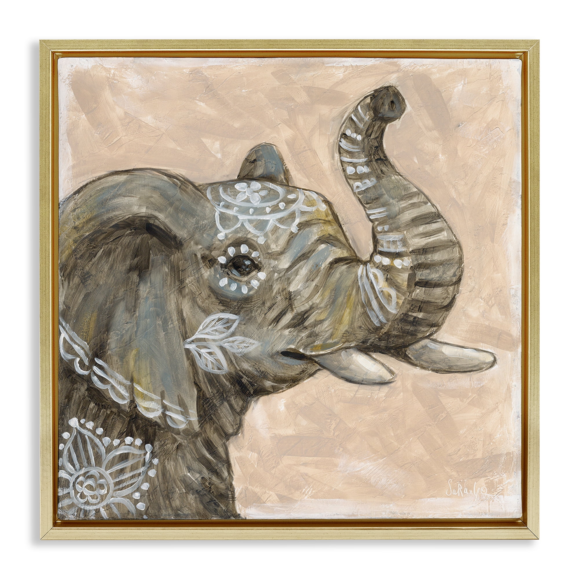 Stupell Industries Boho Patterned Elephant Animals Painting Gold Floater Framed Canvas Art Print Wall Art, 25 x 25