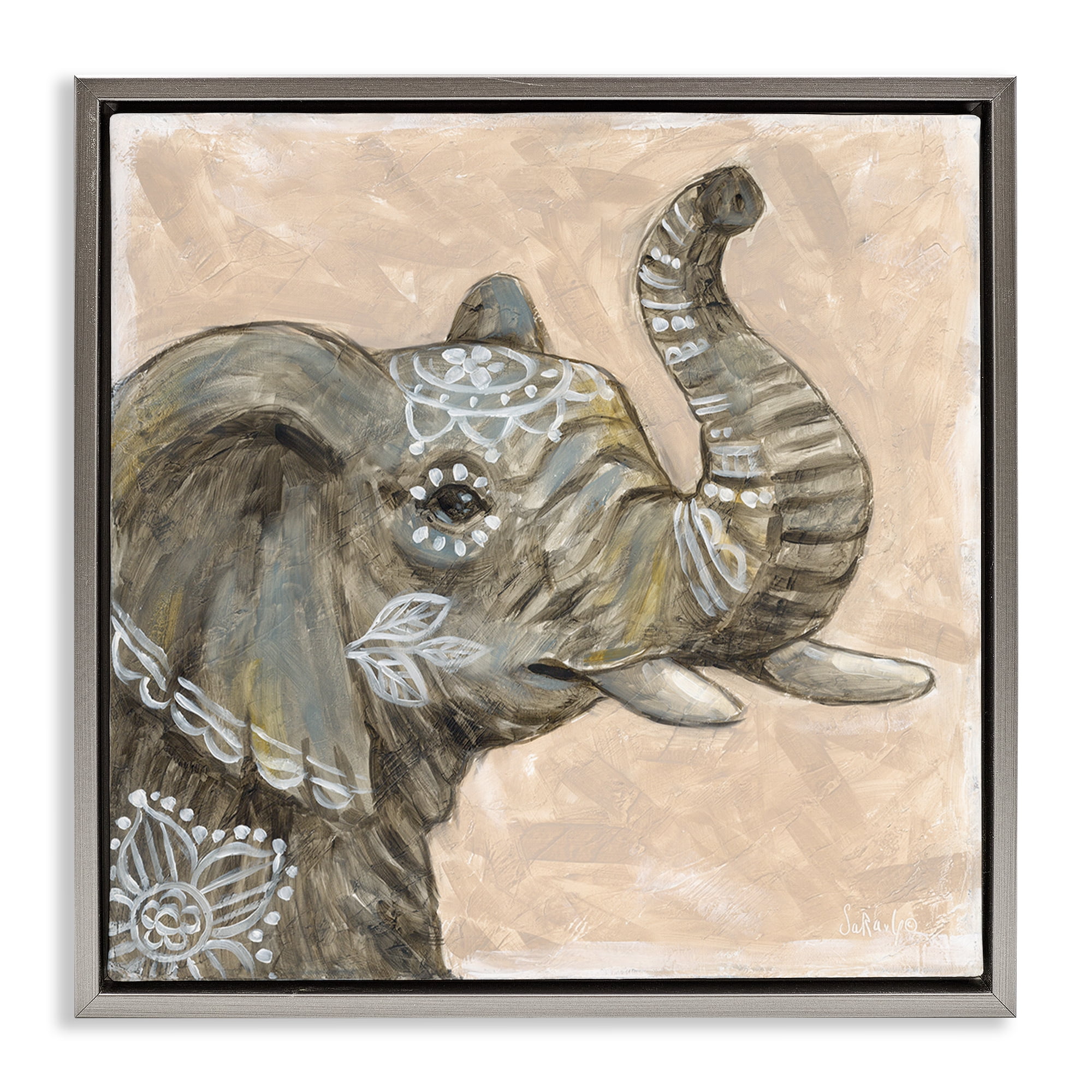 Stupell Industries Boho Patterned Elephant Animals Painting Gray Floater Framed Canvas Art Print Wall Art, 25 x 25