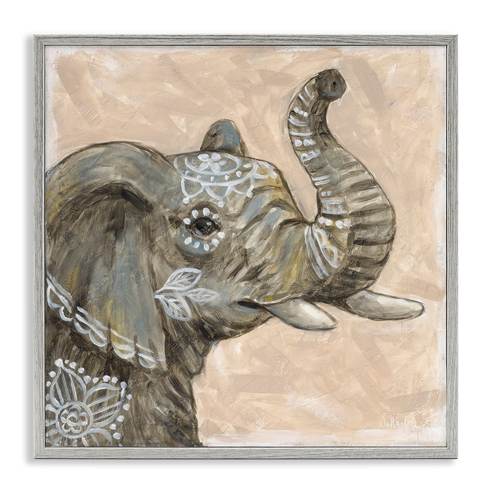 Stupell Industries Boho Patterned Elephant Animals Painting Gray Framed Art Print Wall Art, 17 x 17