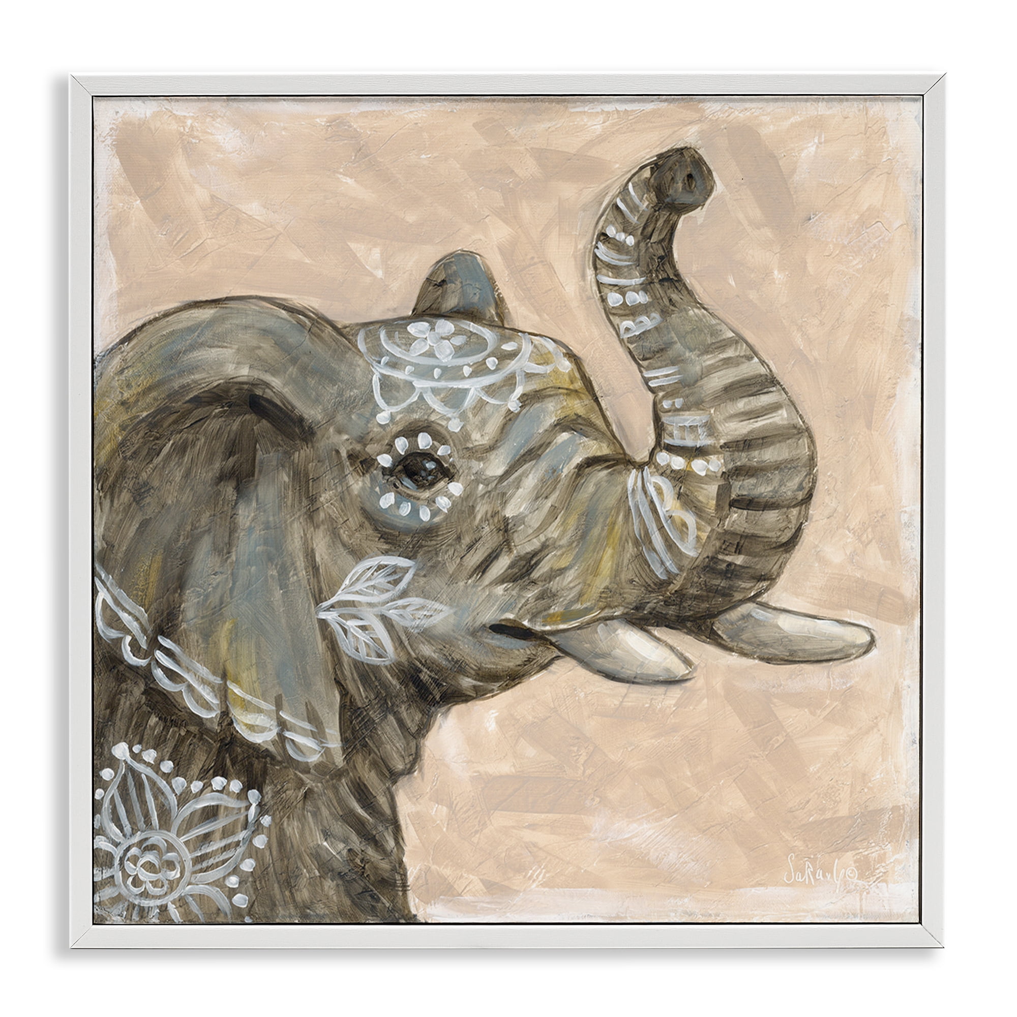Stupell Industries Boho Patterned Elephant Animals Painting White Framed Art Print Wall Art, 12 x 12