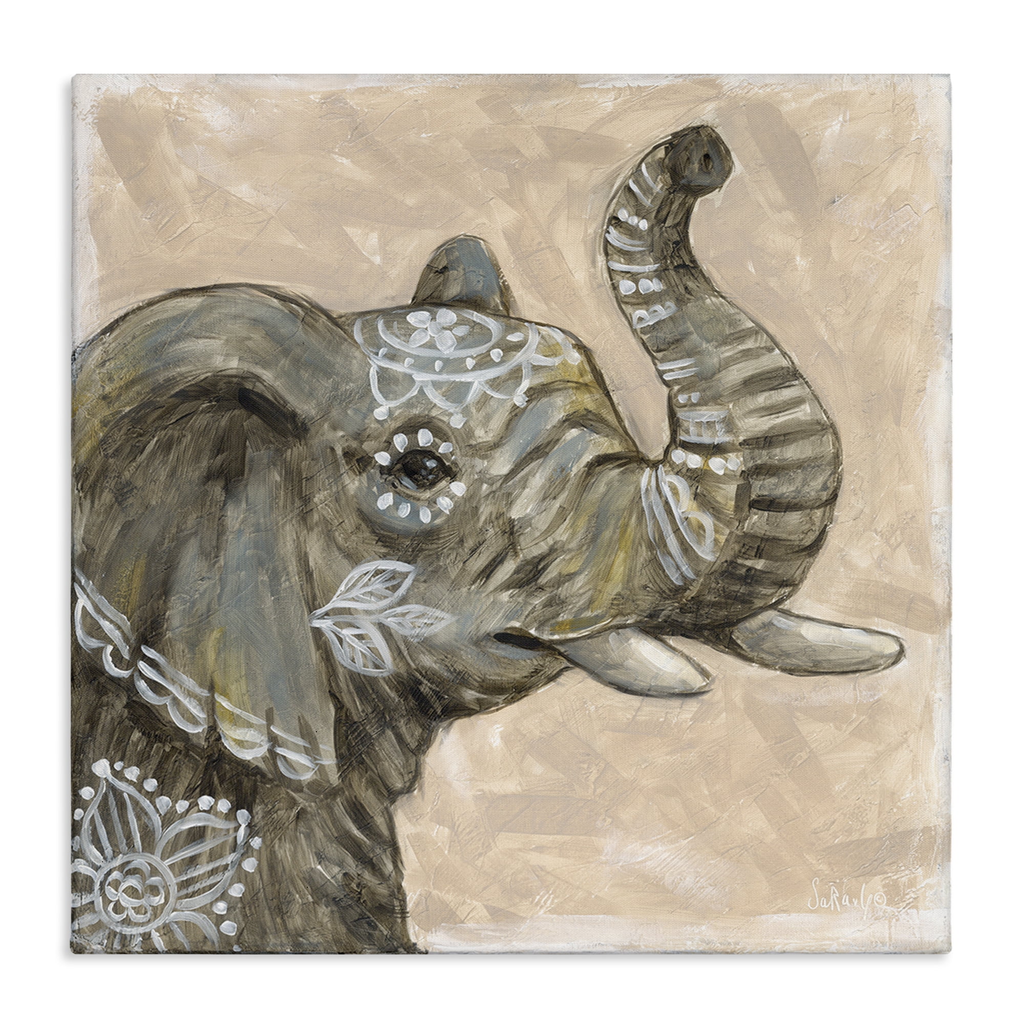 Stupell Industries Boho Patterned Elephant Animals Painting Wrapped Canvas Art Print Wall Art, 24 x 24