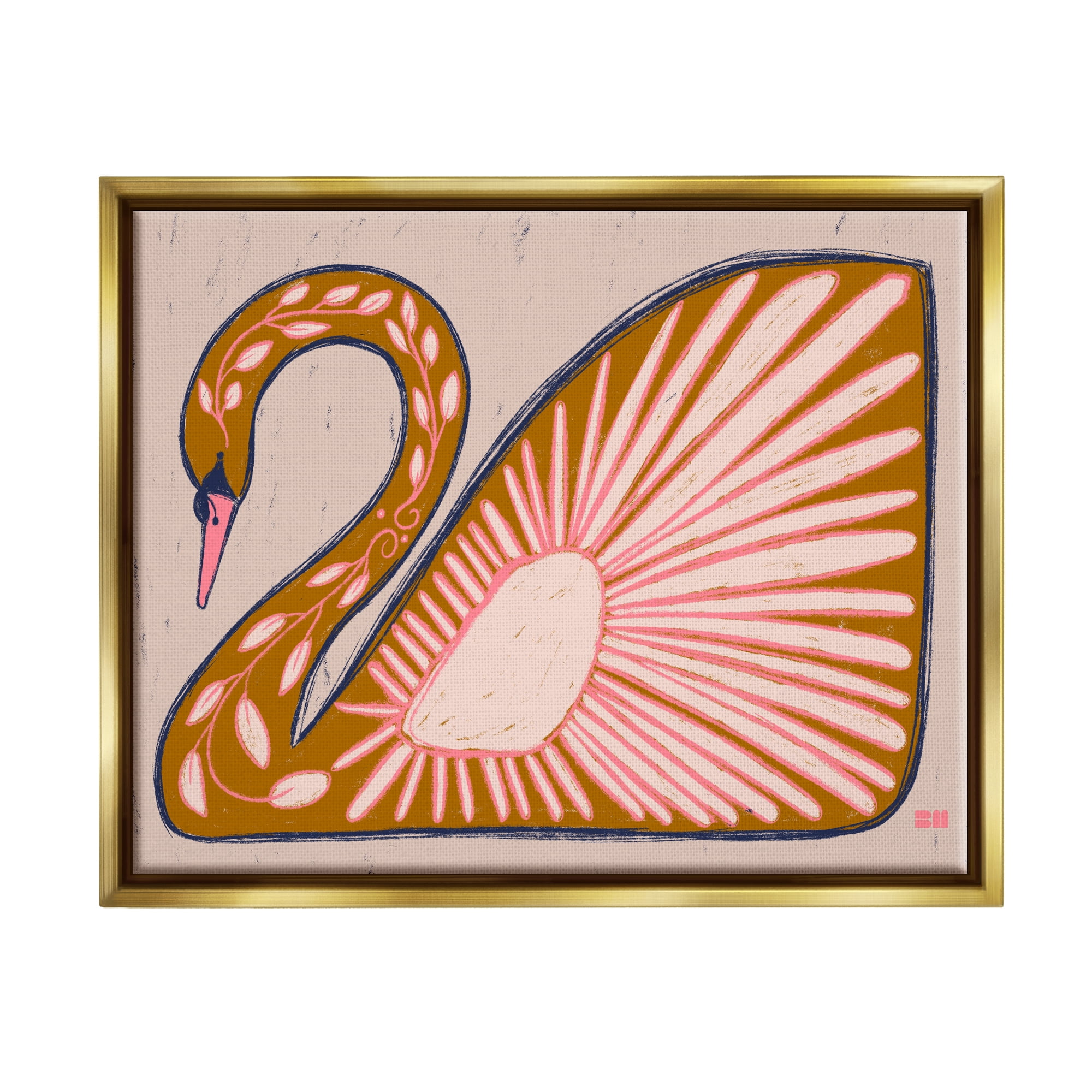 Stupell Industries Boho Patterned Swan Animals & Insects Painting Gold Floater Framed Canvas Art Print Wall Art, 21 x 17