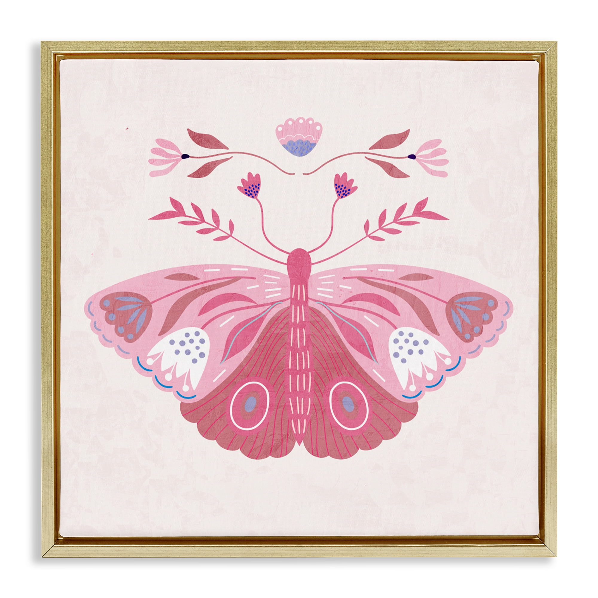 Stupell Industries Boho Pink Folk Butterfly Gold Framed Floater Canvas Wall Art, design by Kim Allen