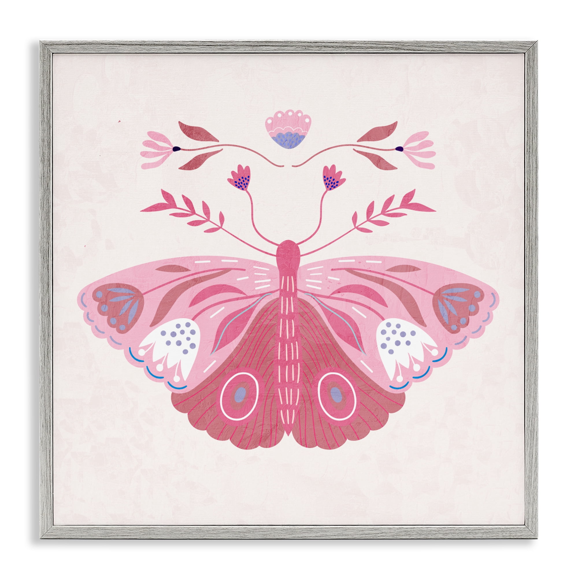 Stupell Industries Boho Pink Folk Butterfly Gray Framed Giclee Art, design by Kim Allen