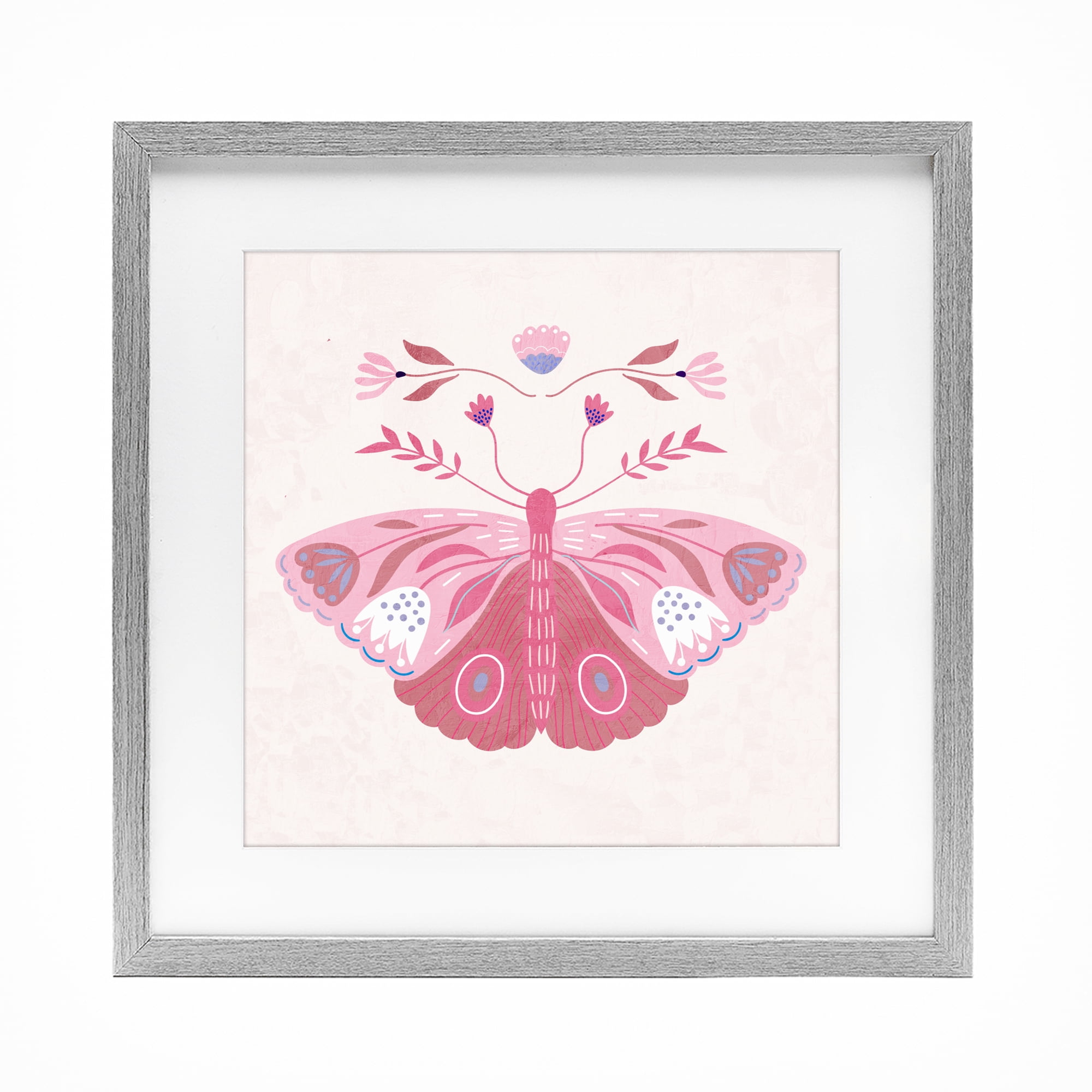 Stupell Industries Boho Pink Folk Butterfly Gray Framed Print Under Glass, design by Kim Allen