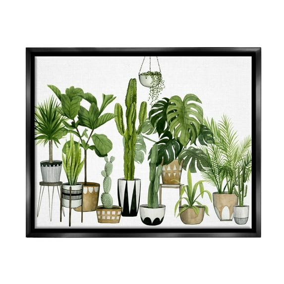 Stupell Industries Boho Plant Scene with Cacti and Succulents in Geometric Pots Watercolor Jet Black Framed Floating Canvas Wall Art, 16x20, by Grace Popp