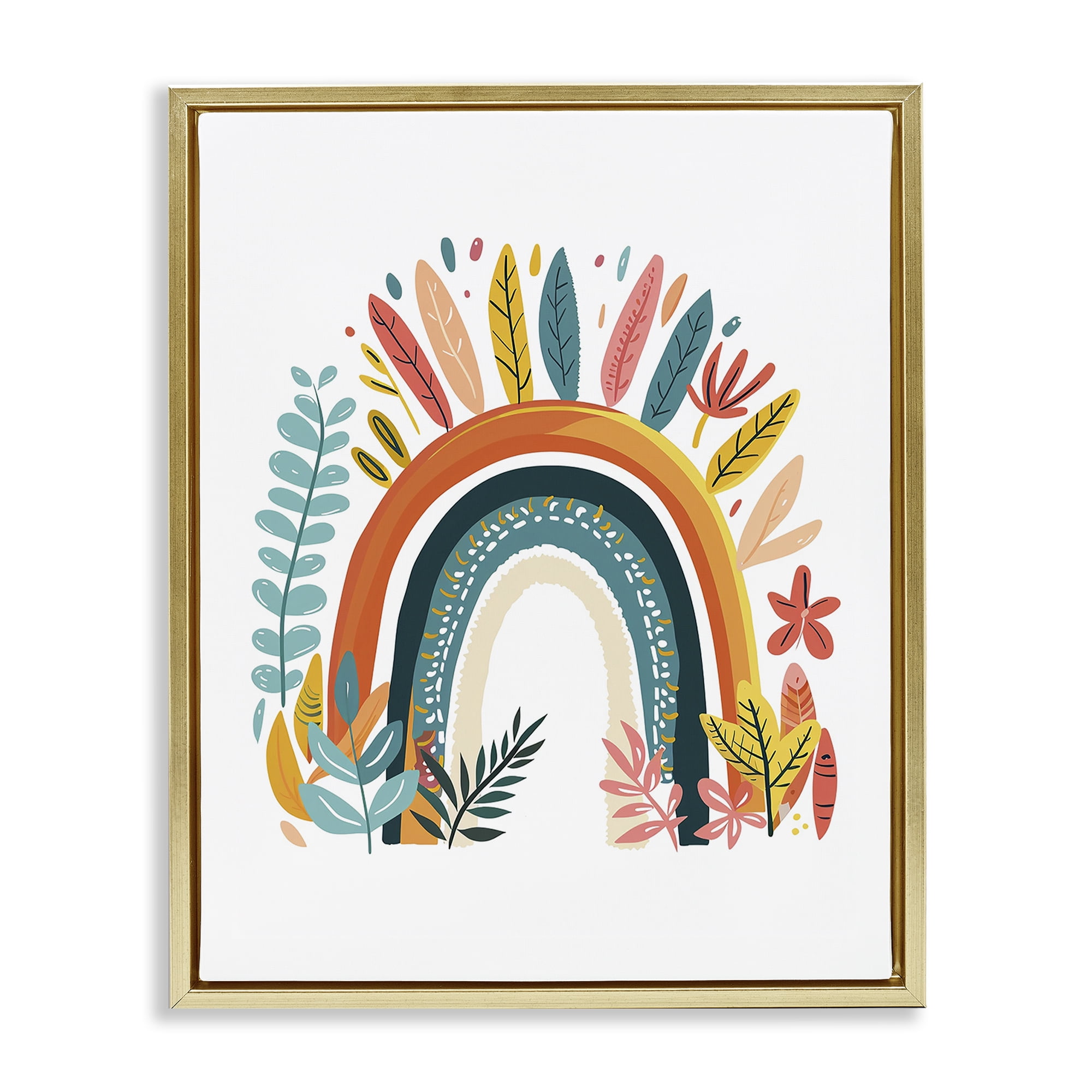 Stupell Industries Boho Rainbow Blooms Plants & Flowers Painting Gold Floater Framed Canvas Art Print Wall Art, 17 x 21