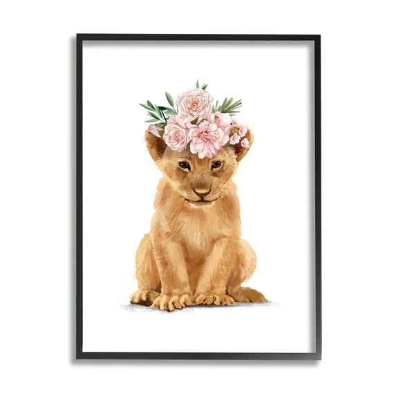 Stupell Industries Boho Rose Floral Crown Lion Cub Safari Animal Novelty Painting Black Framed Art Print Wall Art, 24 x 30, Design by Ziwei Li