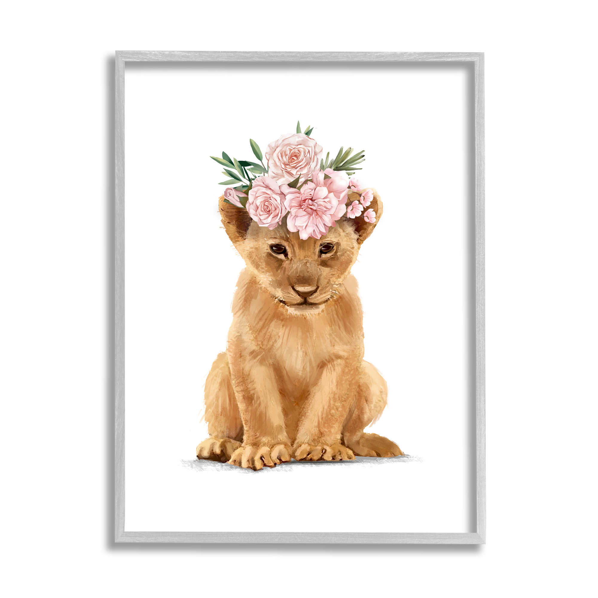 Stupell Industries Boho Rose Floral Crown Lion Cub Safari Animal Novelty Painting Gray Framed Art Print Wall Art, 24 x 30, Design by Ziwei Li