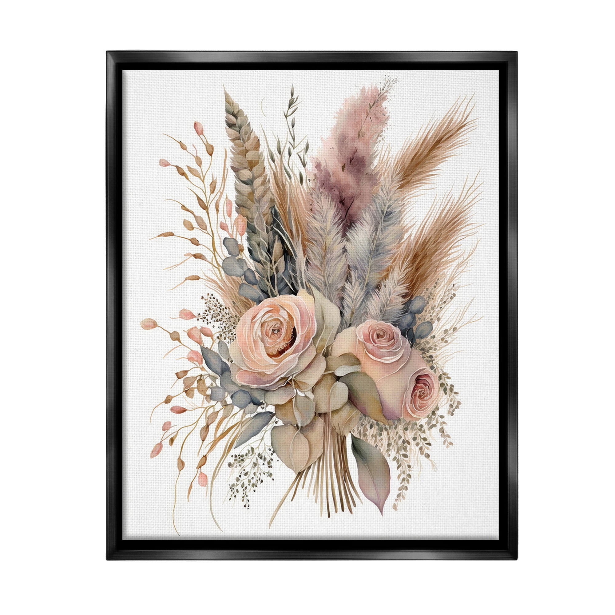 Stupell Industries Boho Rose Pampas Botanical & Floral Painting Black Floater Framed Canvas Art Print Wall Art, 25 x 31